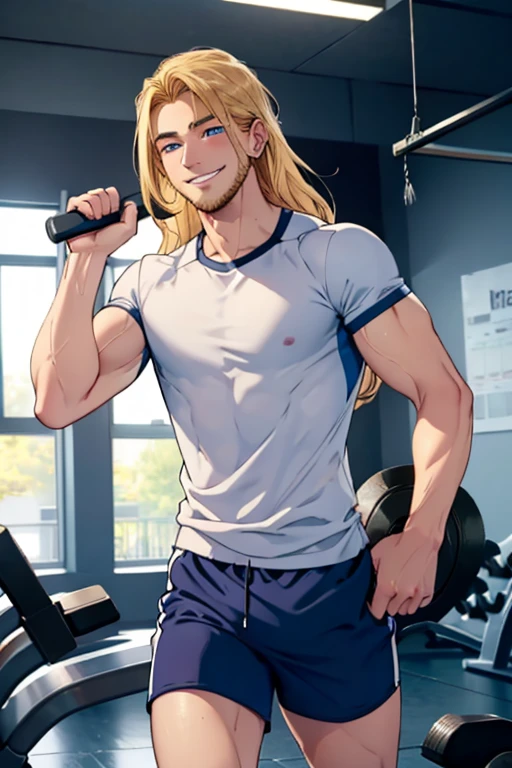 One male, shoulder length hair, tousled hair, blond, blond hair, dark blue eyes, tall, athletic, bare chest, boxer briefs, handsome face, stubble, highest quality, masterpiece, 2d, anime, perfect face, highest detail, stubble, wavy hair, sat on bed shot, intricate details, full body, room interior, solo, sultry smile, blushing
