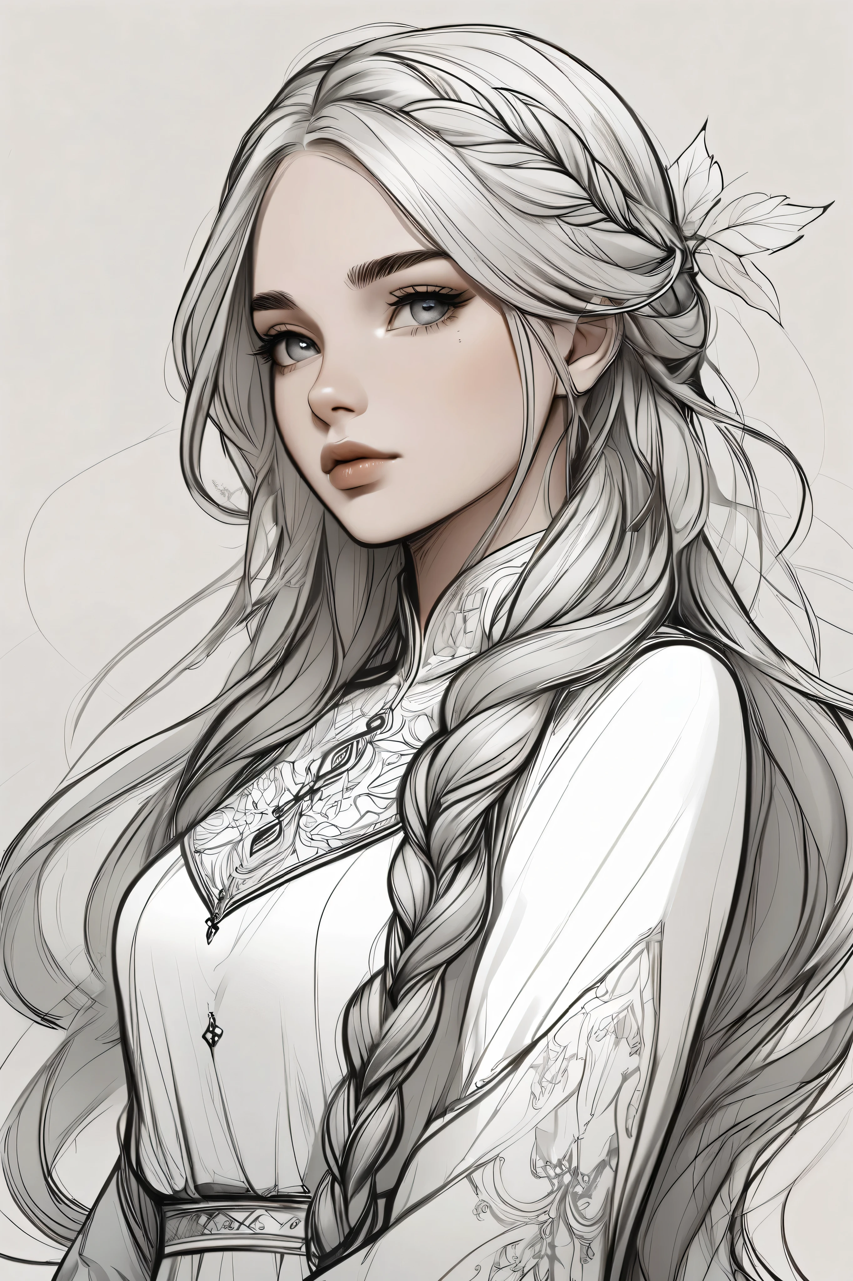 masterpiece, newest, absurdres, safe, a drawing of a girl with long braids and a white dress, lineart inspired by Charlie Bowater, fantasy art, beautiful line art, beautiful drawing style, stunning art style, black and white coloring, highly detailed illustration, thick line art, striking artstyle, 🤤 girl portrait, black and white detailed sketch, cute art style