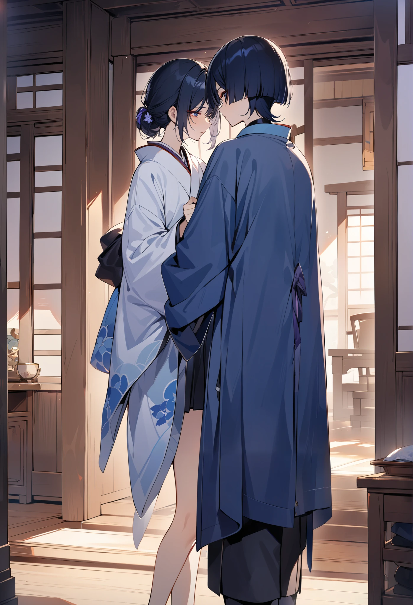 Girl, long black hair, standing, Genshin Impact , indoor,  kimono ,  masterpiece,  Best Quality , couple, 2 person, Scaramouche, boy, romantic, blue, haori