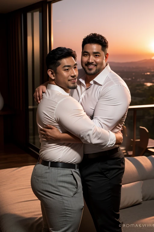 Thai handsome guy hugging a cop guy, with a little smile, a short beard, boxer pants, exposes the penis, complete penis, lust face men, park sharp eyes, white street background, Full Frame, Professional Lighting