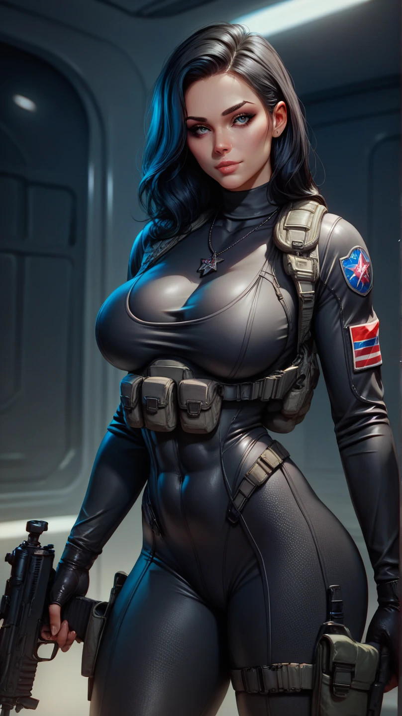 A MILF , The background is the battlefield,black hair color hair,Red sunglasses,Bright red tight combat uniform,microkini,Expose the lower half of the breast,Breast areola