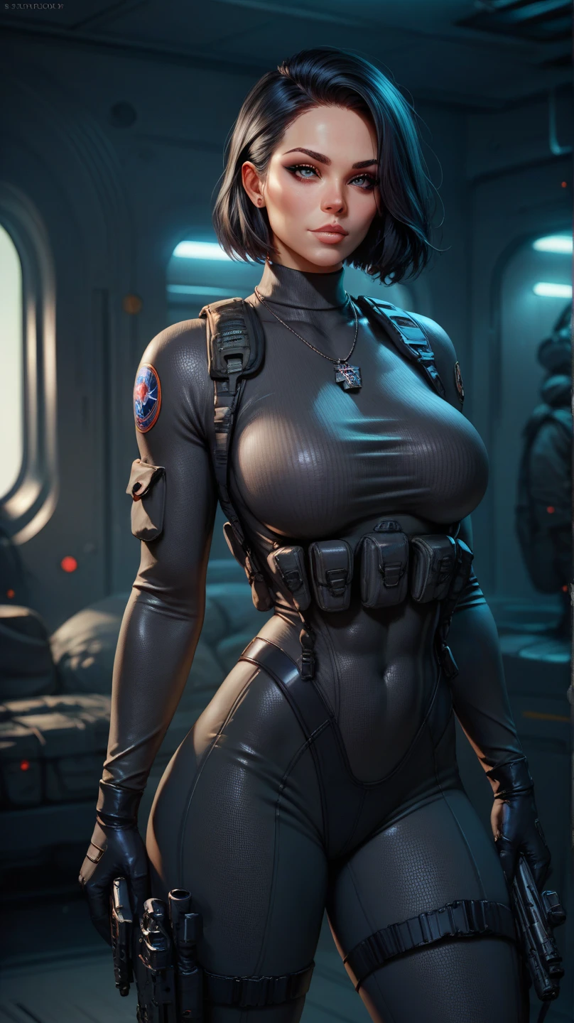 ((Top Quality, 8K, Masterpiece:1.3)), Detailed Woman:1.3, (Medium black hair, Big Breasts:1.2), revealing_futuristic_bodysuit:1.1, Ultra Detailed, Detailed, Eyelids, pale skin, detailed skin pores, goosebumps, sexy bangs haircut, seductive, voluptuous, huge saggy breasts, miranda lawson from mass effect