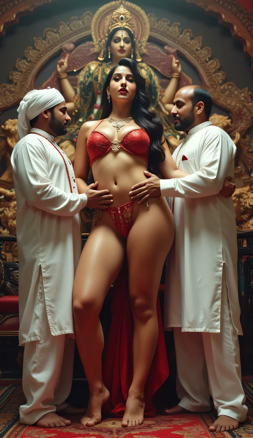 fair hindu curvy thick milf devi durga in transparent bikini wothout blouse, almost naked, and crown with two Arabian muslim uncle mad one pakistani and one bangladesi in white kurta hug and kiss her body in a durga maa temple, Arabian men press fuck devi and hold her body tightly, everyone touching her inner thighs and butfock. She has trisul and her buttocks are thick. Devi durga is on a lion and carrying trisul
