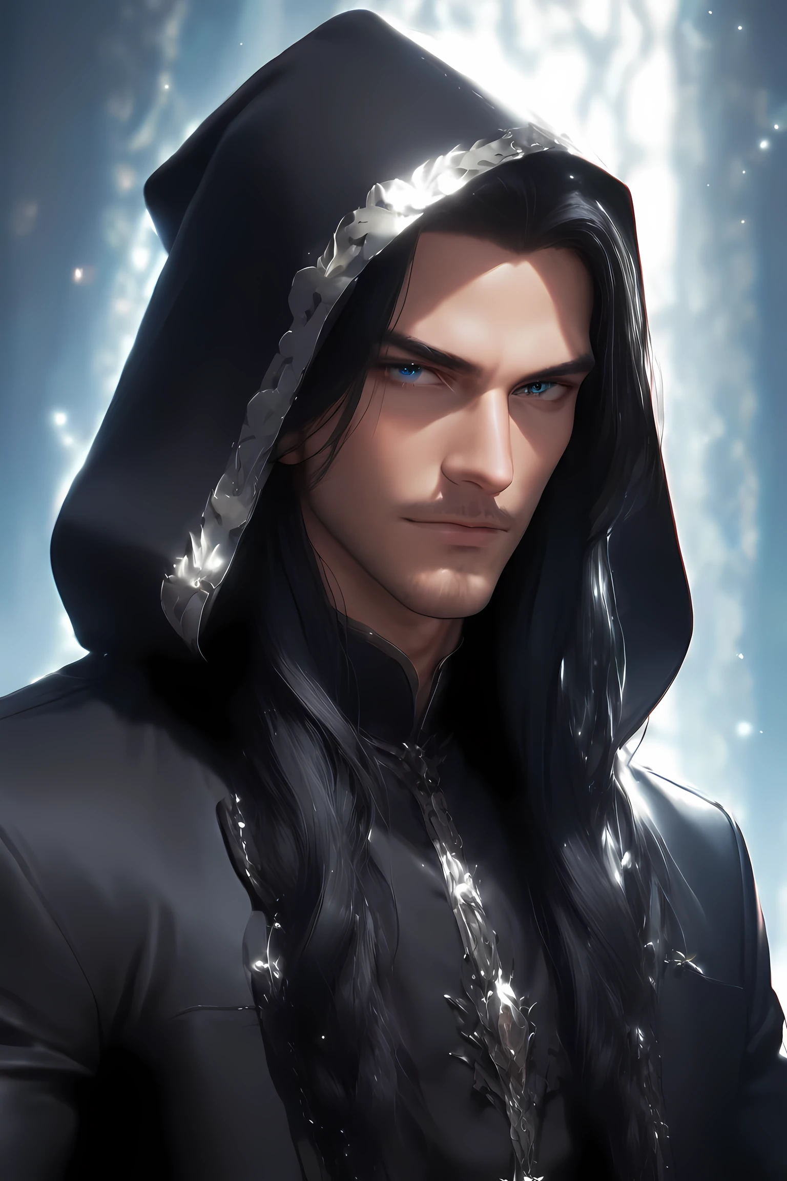 score_9, score_8_up, score_7_up, detailed. painterly digital art depicting a stunning, handsome man with chiseled features and piercing blue eyes and (((long black hair))). He is wearing a black hood over his head. his hair is tumbling out of the hood. The background is a dark with shimmering patterns dancing in the air. The man's face is illuminated by cool moonlight, emphasizing his dangerous aura and allure. (cowboy_shot)