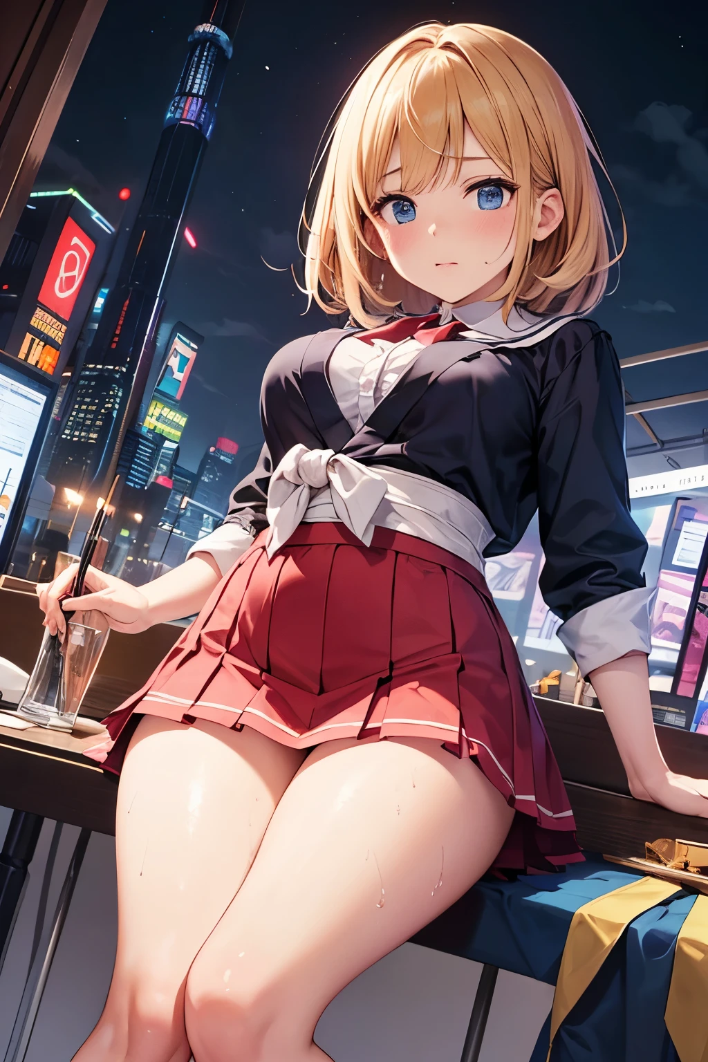 (((neat woman, Bright-eyed excitement,smile,blush,blush,red cheek,please touch me,tempting viewer,i want you))),(kneeling,arched back,spread legs apart,hands between the legs),((((blush,red cheek,sweat)))),(cinematic lighting), (Photo real:1.4)、(A hyper-realistic:1.4)、(Photorealistic:1.3)、 (gentle lighting: 1.05)、(Improve the lighting quality of your video:0.9)、 32k、25years old woman、photorealistic lighting、Back lighting、Facial Lights、Ray Trace、(bright:1.2)、(Increase quality:1.4)、 (best quality real texture skin)、Fair eyes,delicate face、 Close-up of the face, ((Wearing the red stewardess uniform,red stewardess,midium red skirt,navy panties,high-heel),(Bodyline mood improvement:1.1)、Glossy skin、Korean Idol、Nogizaka Idol、good figure,perfect anatomy,Beautiful actress,(((beautiful large breasts,underboob,slender waist,slender hip,long slender legs,8heads tall))),(((8heads tall))),(((blonde very short hair,curtain bangs))),(((in the beautiful modern office of library,super clean night view,in the night))),