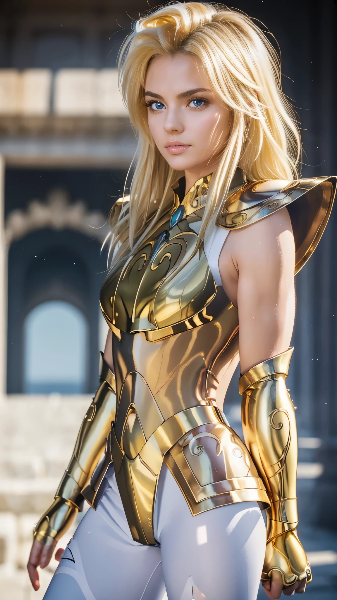 AquariusArmor, (white bodysuit), shoulder armor, without helmet, (masterpiece:1.0), (best quality:1.0), (ultra highres:1.0), (8k resolution:1.0), (realistic:1.0), (ultra detailed1:0), (RAW photo:1.0), HDR, photography, Kodak Portra 400, film grain, blurred background, bright colors, bokeh, lens flare, ((perfect hands)), ((perfect arms)), (perfect face), {{perfect anatomy}}, (Guido Daniele hands), wide shot, small hands, slender fingers,
Greek temple, highly detailed background, 1 woman wearing Gold Aquarius Armor, gold armor, white bodysuit, alone, messy hair, (medium yellow hair), bright yellow eyes, thin lips, red lips, shiny lips, angry, looking towards the audience, focused face, detailed face, bright colors, symmetrical eyes, visible lips, standing, (full body:1.2),