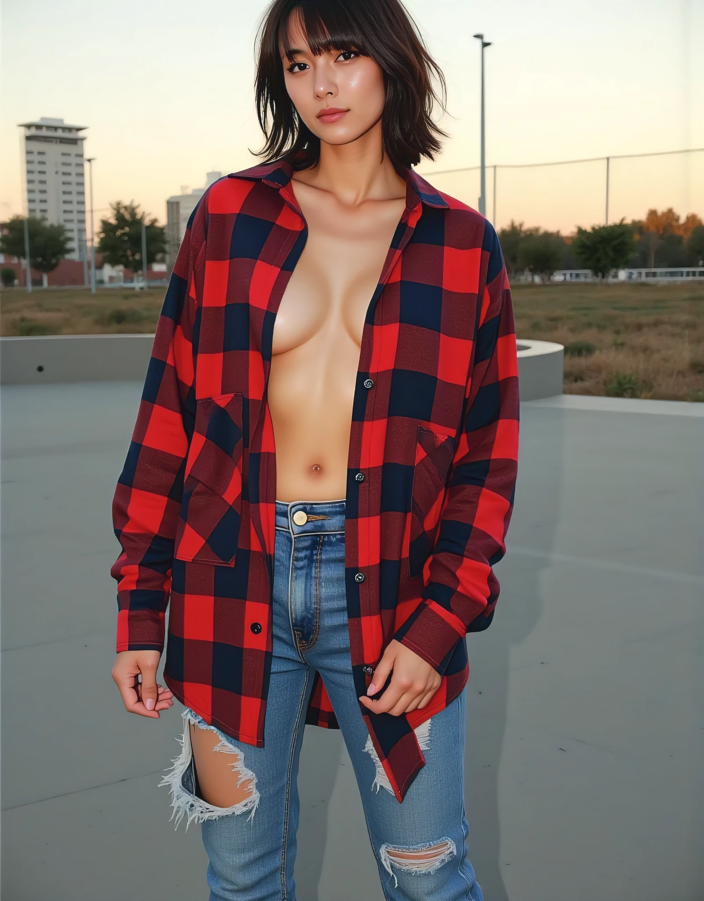 (((Full body view))), (((Low angle photography))), (((view from bellow))), Cinematic photography of a tall skinny beautiful Korea sensual nude actress Bae Doona with only wearing a very very revealing halftone-pattern red and blue oversized flannel shirt and thigh-high boots and very sagging and very torn jeans pant is posing sensually inside an empty skate-park at sunset and looking at the camera, (((Bae Doona very realistic face:1.3))), (((very beautiful thin face))), (((perfect detailed eyes))), (((very pointy nose))), (((looking at camera, very lustful gaze))), (((very lustful smile))), (((messy hair with a bang:1.3))), (((very skinny sensual tall body))), wearing a (((very very revealing halftone-pattern red and blue oversized flannel shirt))), very very revealing halftone-pattern oversized flannel shirt with (((red and blue color))), showing her beautiful big round bust, very large areola protruding, showing her very very pointy nipples shape, (((slim abs))), (((very skinny legs))), wearing jeans pant that (((very very sagging and very very torn:1.8))), Her jeans pant is very very sagging and very very torn and (((showing her hairy vagina:1.8))), (((spreading legs))), (((not wearing underwear panty))), showing (((vagina:1.8))), showing (((very very dense pubic hair:1.3))), wearing (((thigh-high boots))), (((perfect skinny body anatomy))), very sensual (((dynamic pose))), background is (((an empty skate-park at sunset))), a photorealistic painting by Antoine Wiertz, featured on reddit, hyperrealism, cinematic lighting, very sharp focus, narrow depth of fields, Kodachrome film color, 90's erotic fashion photography, 90's grunge style, Bae Doona sensual prostitute girl, sensual smoking body, very very revealing halftone oversized flannel shirt, hot looking Korean prostitute girl, sensual movie photo, Bae Doona in red and blue oversized flannel shirt, ultra sensual look, editorial photography on Vogue magazine, high-end fashion, grunge style, 90's artistic porn