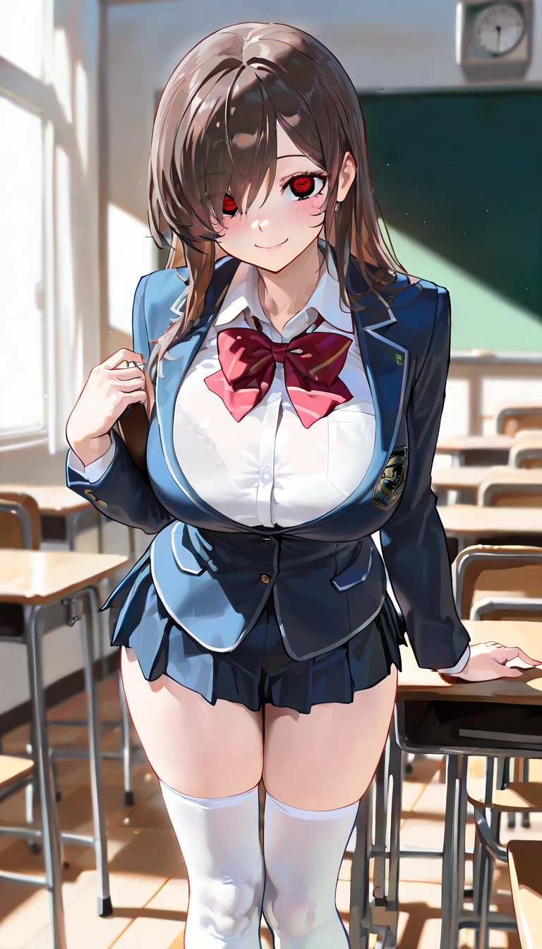 (((masterpiece, Highest quality, High resolution, 超High resolution, Perfect Pixel, Depth of written boundary, 4K, RTTX 10.0))), Beautiful Anime Woman, Beautiful art style, Anime characters, ((Smooth texture, Realistic texture, Anime CG Style)), Exact finger count、Exact number of legs、(Exact number of arms:1.0, Exact number of hands:1.0), (Perfect hands, Perfect Anatomy), Cinematic, Realistic, Extremely detailed CG, Daytime lighting, Perfect lighting, Best Shadow, The best natural light, whole body, Perfect body, Slender body, ((bangs, Dark reddish brown hair, Stylish and cute ponytail hairstyles), Glasses), (Detailed face, Cute Face), (A grown woman standing with her own hand lifting up her skirt:1.7), (Female Teacher Suit, Red vest, Black mini tight skirt, Knee socks, pumps:1.3)、Angle from the front, ((セクシーでかわいいRed panties:1.3), (Glossy satin panties, Side-tie panties, Lace panties:1.3), (Red panties, garter belt:1.3)), (Beautiful big boobs), (Beautiful and thin thighs:1.3), Feeling embarrassed, (blush:1.2), (Very embarrassed look:1.5), (School classroom, Desk and chair, Teaching Excellence, Many male students in the background, The male students are chatting.:1.4), sbrooch, jewelry, ascot, red vest