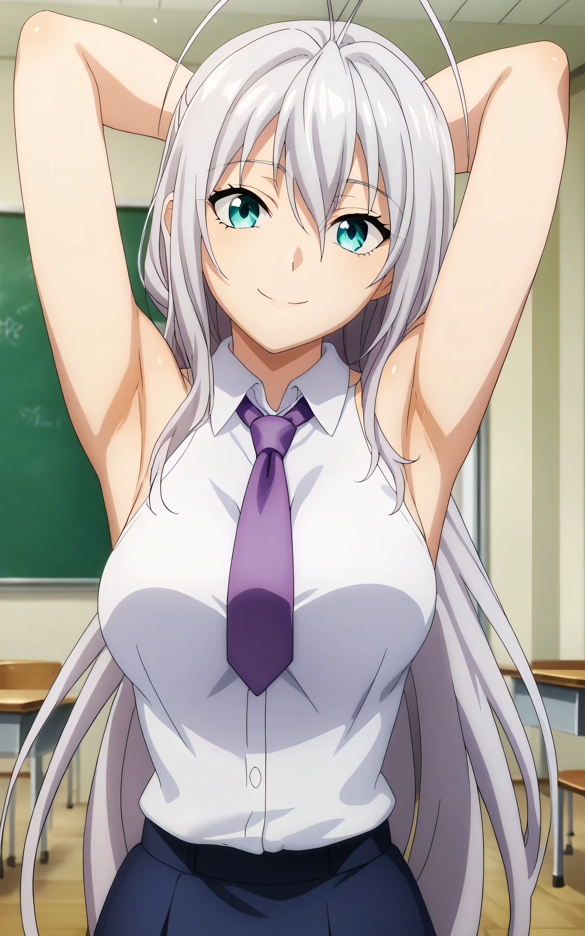 score_9, score_8_up, score_7_up, source_anime, masterpiece, best quality, amazing quality, anime screencap, 1girl, solo, dxdrosswei, antenna hair, long hair, breasts, large breasts, very long hair, aqua eyes, grey hair, white shirt, sleeveless shirt, collared shirt, purple necktie, long necktie, bare shoulders, bare arms, anime style, arms behind head, armpits, head towards viewer, looking at viewer, smile, closed mouth, anime coloring, proud, indoors, classroom