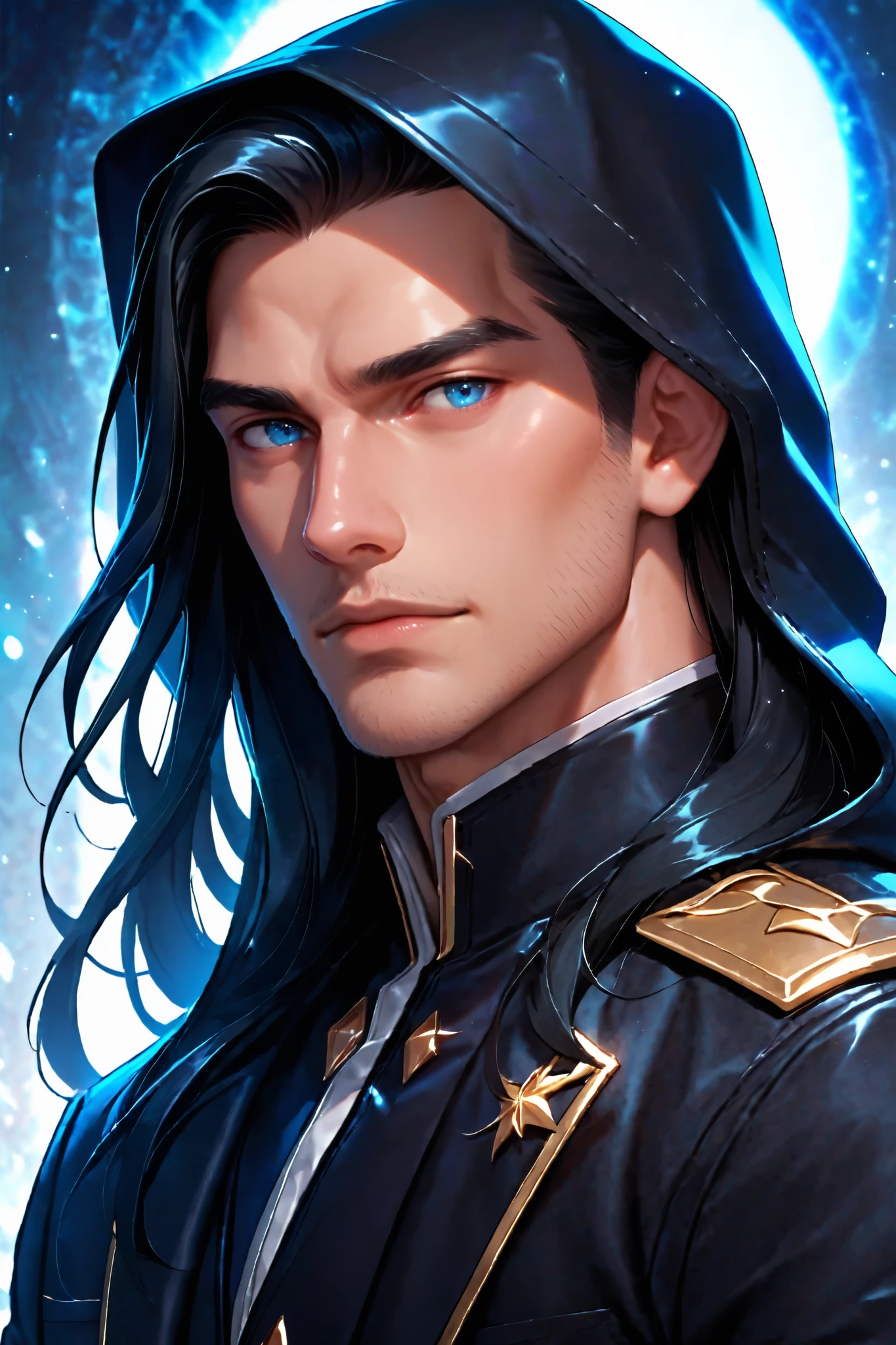 score_9, score_8_up, score_7_up, detailed. painterly digital art depicting a stunning, handsome man with chiseled features and piercing blue eyes and (((long black hair))). He is wearing a black hood over his head. his hair is tumbling out of the hood. The background is a dark with shimmering patterns dancing in the air. The man's face is illuminated by cool moonlight, emphasizing his dangerous aura and allure. (upper body, three quarter view)