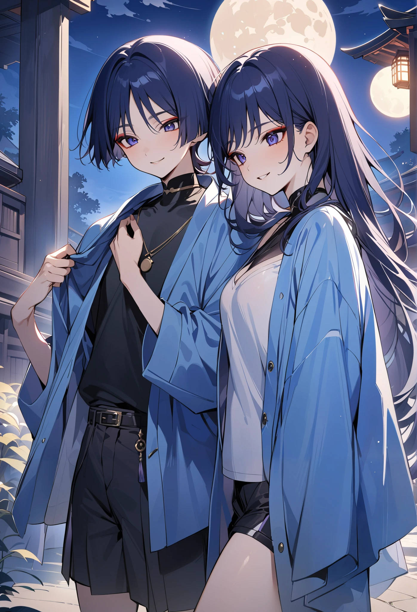Girl, long loose hair, black, smiling, Genshin Impact , outdoor, moon, masterpiece, Best Quality , couple, 2 person, Scaramouche, boy, blue, haori