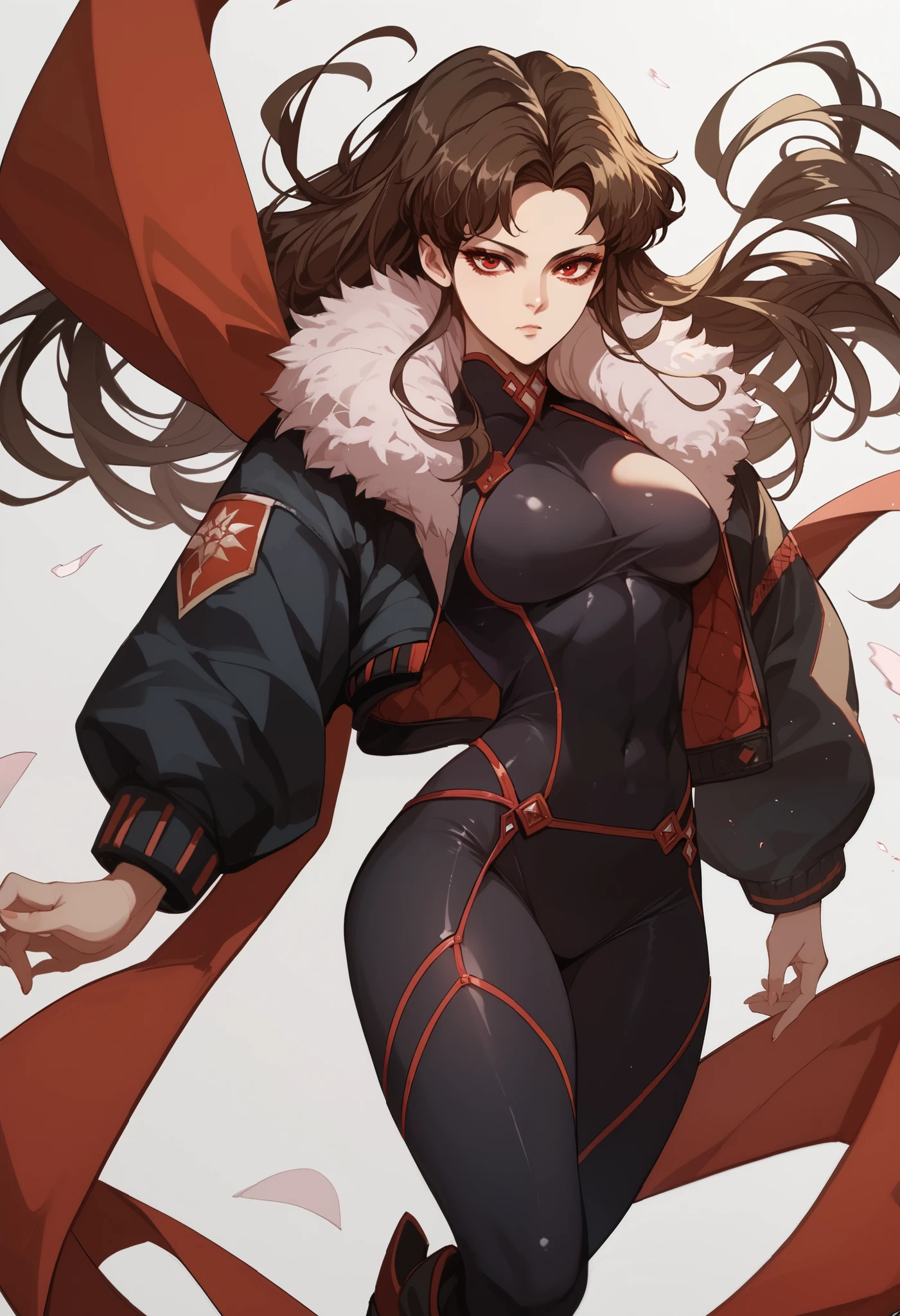 WijiHoYeonXL, long hair, brown hair, black hair, red eyes, jacket, boots, fur trim, bodysuit, skin tight, curvy,