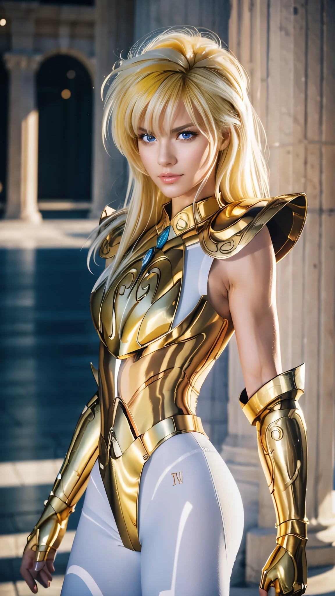 AquariusArmor, (white bodysuit), shoulder armor, without helmet, (masterpiece:1.0), (best quality:1.0), (ultra highres:1.0), (8k resolution:1.0), (realistic:1.0), (ultra detailed1:0), (RAW photo:1.0), HDR, photography, Kodak Portra 400, film grain, blurred background, bright colors, bokeh, lens flare, ((perfect hands)), ((perfect arms)), (perfect face), {{perfect anatomy}}, (Guido Daniele hands), wide shot, small hands, slender fingers,
Greek temple, highly detailed background, 1 woman wearing Gold Aquarius Armor, body upright, facing the camera, gold armor, white bodysuit, alone, messy hair, (yellow hair), bright yellow eyes, thin lips, red lips, shiny lips, angry, looking towards the audience, focused face, detailed face, bright colors, symmetrical eyes, visible lips, standing, (full body:1.2),