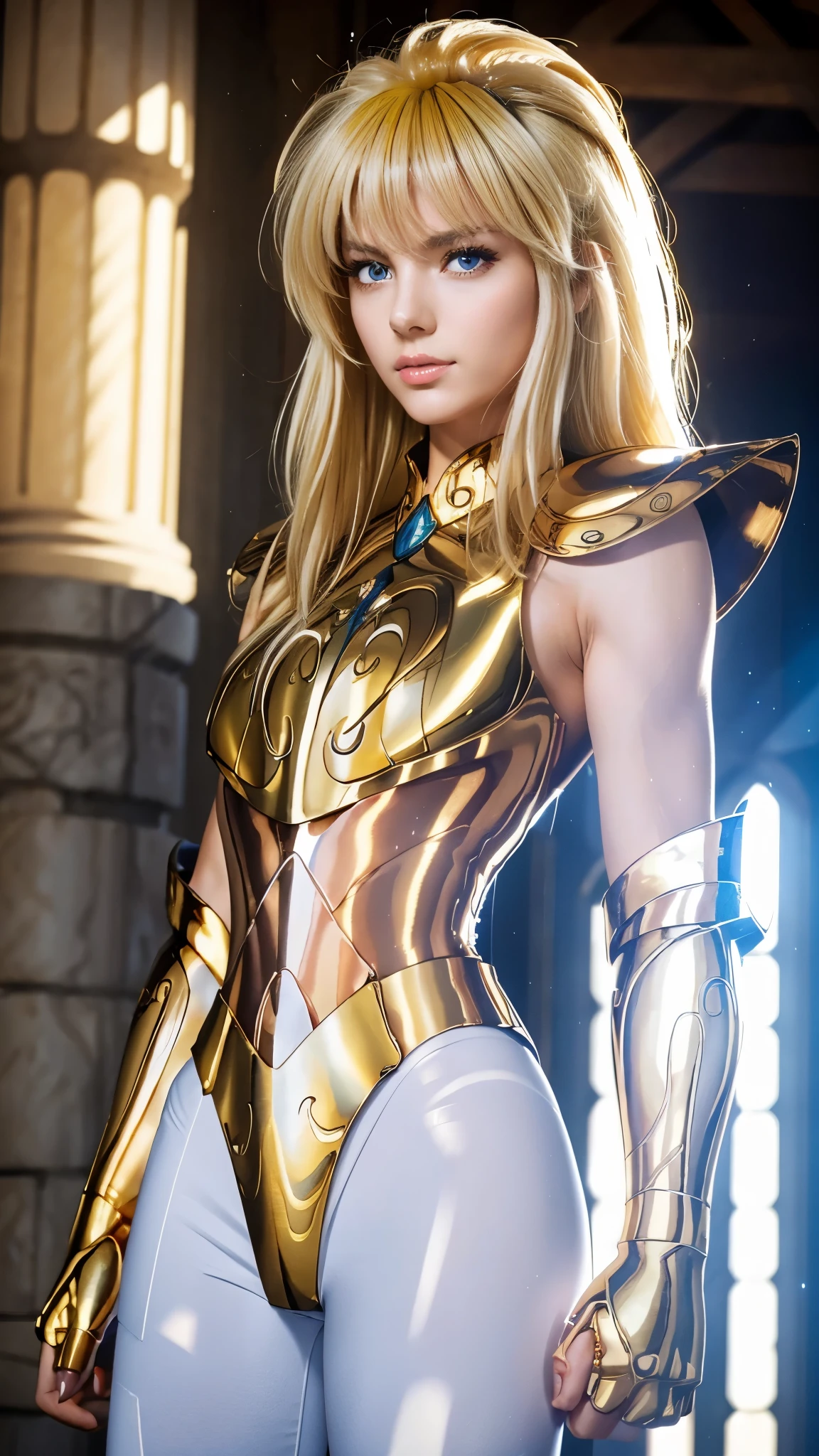 AquariusArmor, (white bodysuit), shoulder armor, without helmet, (masterpiece:1.0), (best quality:1.0), (ultra highres:1.0), (8k resolution:1.0), (realistic:1.0), (ultra detailed1:0), (RAW photo:1.0), HDR, photography, Kodak Portra 400, film grain, blurred background, bright colors, bokeh, lens flare, ((perfect hands)), ((perfect arms)), (perfect face), {{perfect anatomy}}, (Guido Daniele hands), wide shot, small hands, slender fingers,
Greek temple, highly detailed background, 1 woman wearing Gold Aquarius Armor, body upright, facing the camera, gold armor, white bodysuit, alone, messy hair, (yellow hair), bright yellow eyes, thin lips, red lips, shiny lips, angry, looking towards the audience, focused face, detailed face, bright colors, symmetrical eyes, visible lips, standing, (full body:1.2),