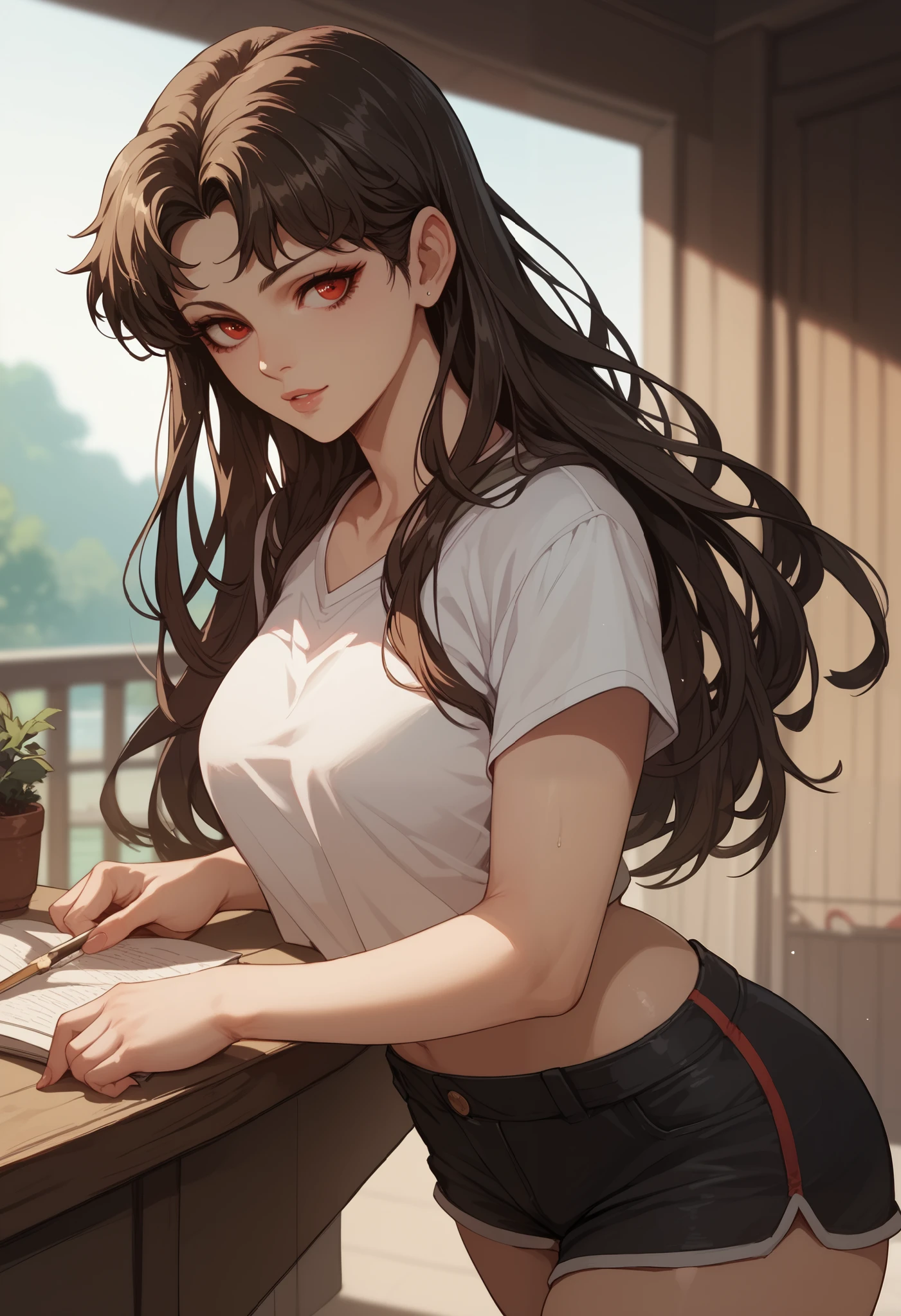 WijiHoYeonXL, long hair, brown hair, black hair, red eyes,,t-thirt,shorts,curvy