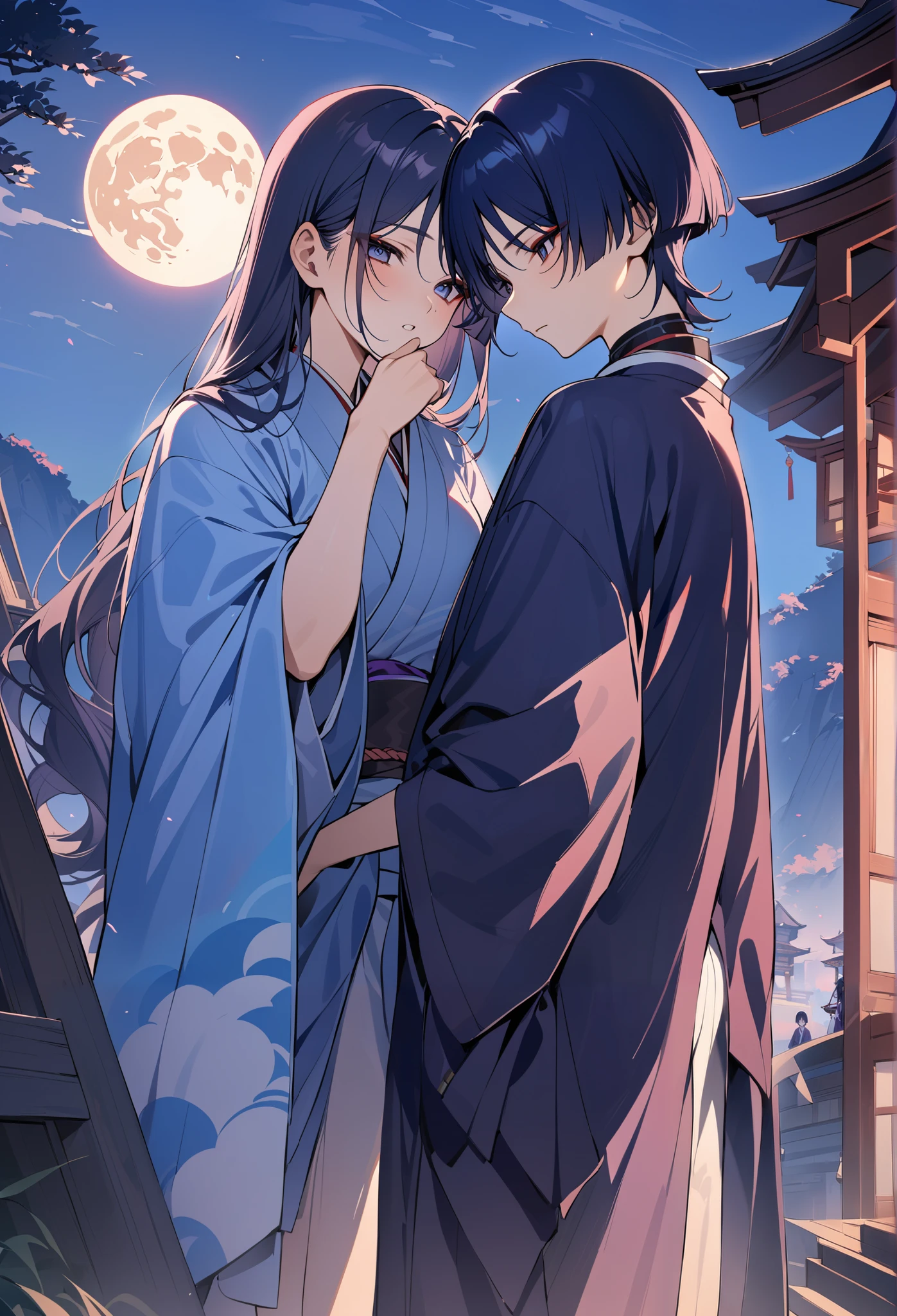 Girl, long loose hair, black, pink, kimono, Genshin Impact , outdoor, moon, masterpiece, Best Quality , couple, 2 person, Scaramouche, boy, blue, haori