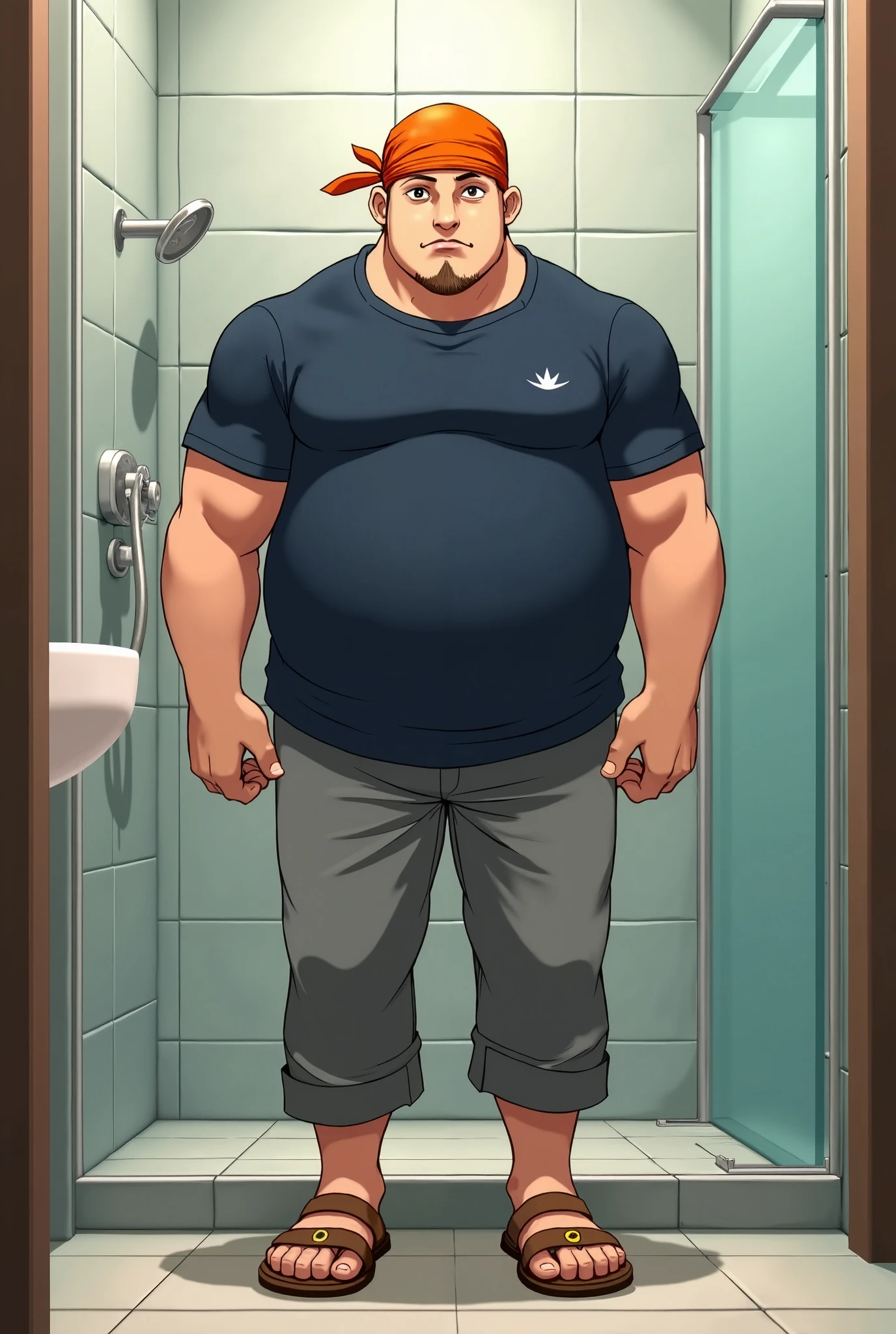 Greg, fat mid-50s overweight guy, dad-bod, slightly balding, dark eyes, big nose, ((((no-muscles)))), ((((shaved face))), ((full body)), wearing trunks, standing in bathroom, (perspective from bottom)