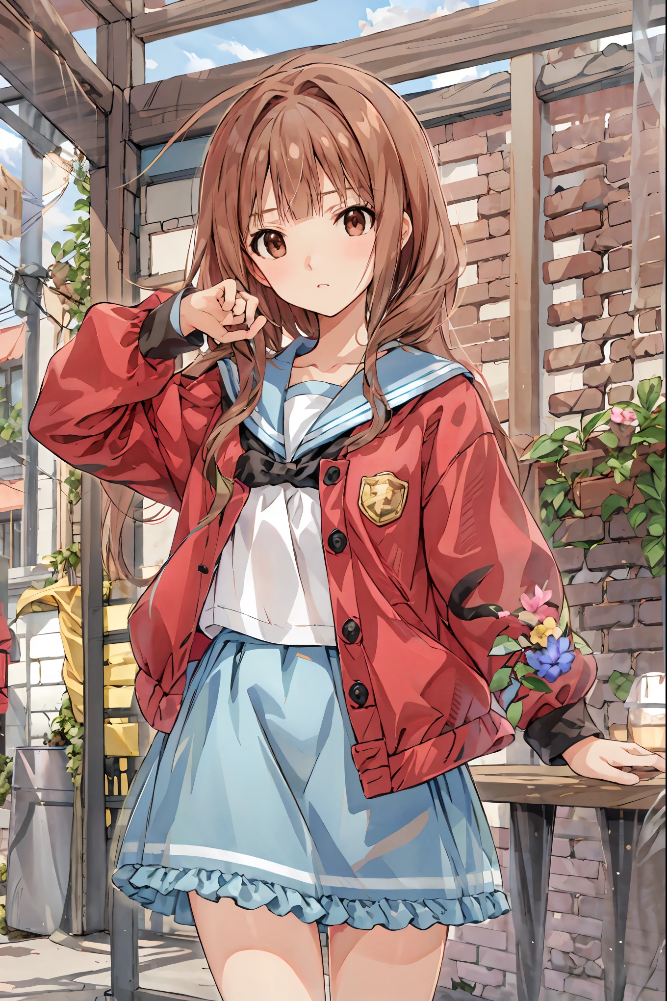 blunt bangs, Hime Cut, Swift Bangs, NFSDW, retina, Masterpiece, accurate, textured skin, super detailed, 解剖学的に accurate, Advanced Details , high quality, Hi-Res, 最 high quality , cute, beautiful age girl , blunt bangs, curly hair, turn my arms around my back , clavicle, Thighs and thighs , school uniform, , Small Boobs, wondrous