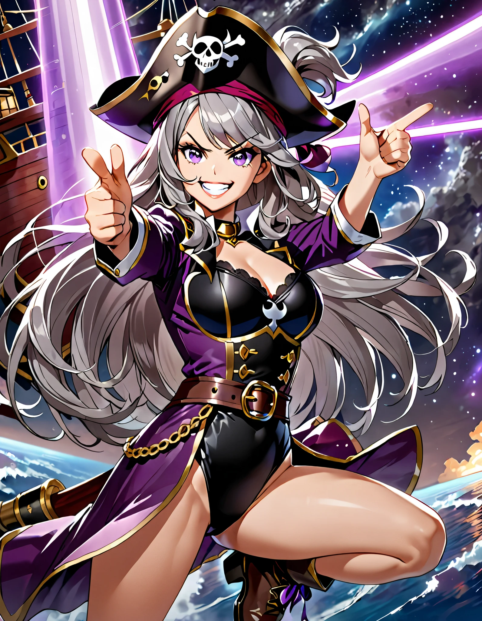 masterpiece, high quality, high resolution, highly detailed, Mature Woman,one person,Long and shiny hair, v-shaped eyebrows, purple_Eye , grin, Grey Hair, lips,space, floating, pirate ship background, purple Pirate Captain Costume, pirate hat, black leotard, bare legs, ankle boots, ((finger gun, her finger shoots a purple beam, magic)), Dutch angle. Sfw.