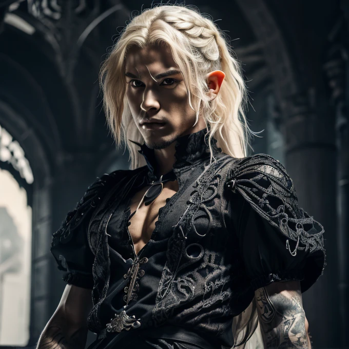 (Best quality)), ((masterpiece)), (detailed), ((perfect face)), ((halfbody)) perfect proporcions, He is a handsome vampire, he is a handsome boy, he is 18 years old, badass, he has long white hair, gothic makeup, he points towards the camera with his claws, He wears a black t-shirt and tight pants., he is above a dark and gloomy forest, he wears black leather ((perfect face)) vampire ambience