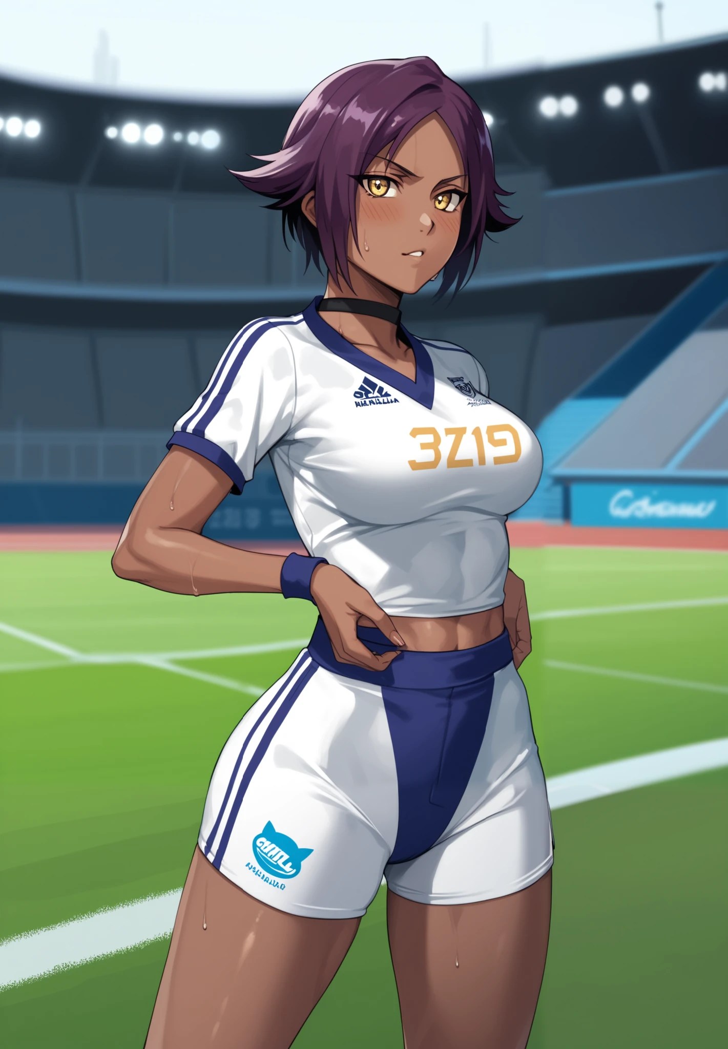 score_9, score_7_up, BREAK,   1girl, solo, RslnStriker, hair over one eye, crown, soccer uniform, purple sportwear, pantyhose, thighs, breasts, soccer field,
