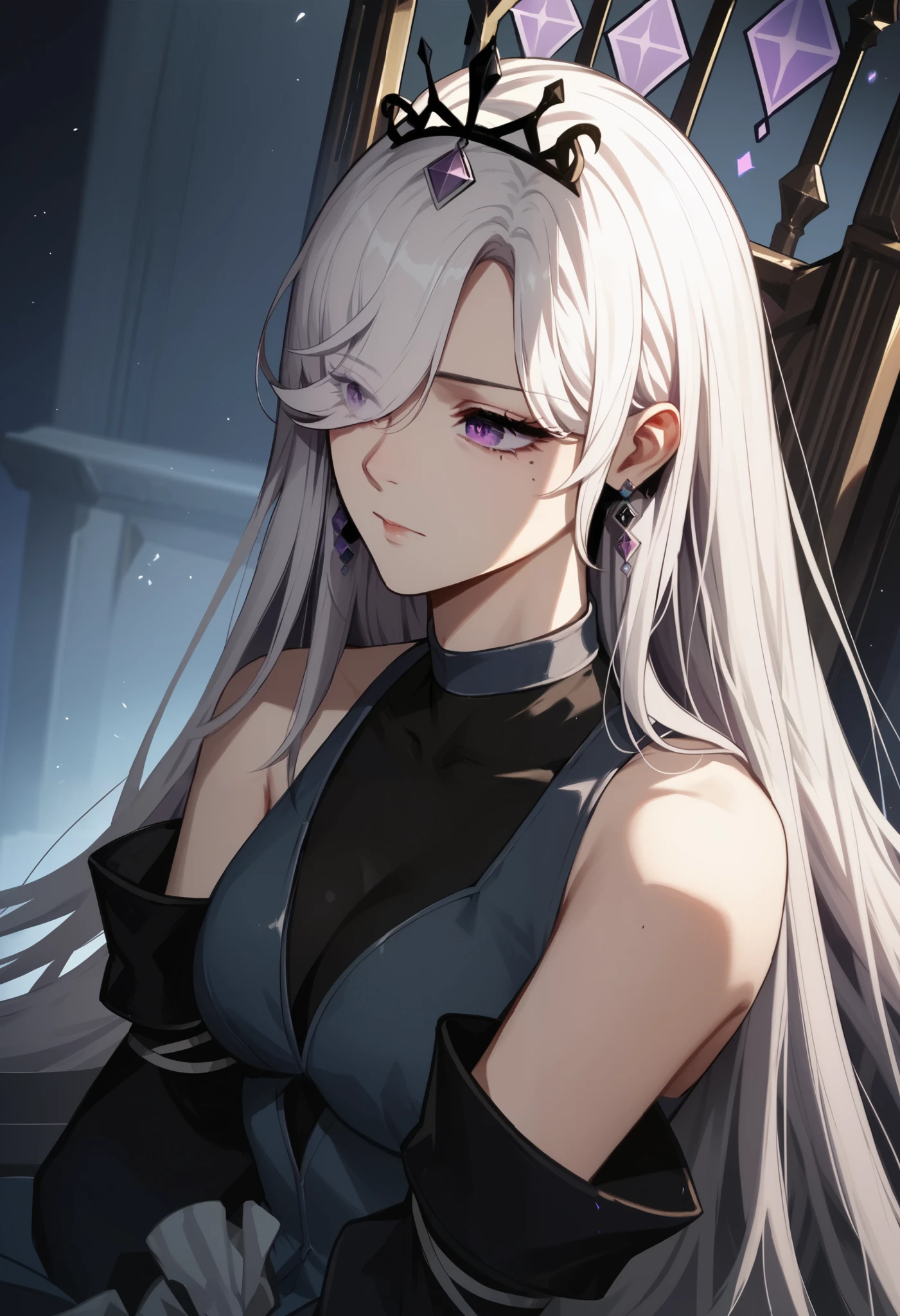 1girl,solo,sittng on the throne,long hair, white hair, purple eyes, bare shoulders, mole under eye, bangs, hair over one eye,
dress, jewelry, detached sleeves, earrings, black pantyhose, tiara, crown, hair ornament,
