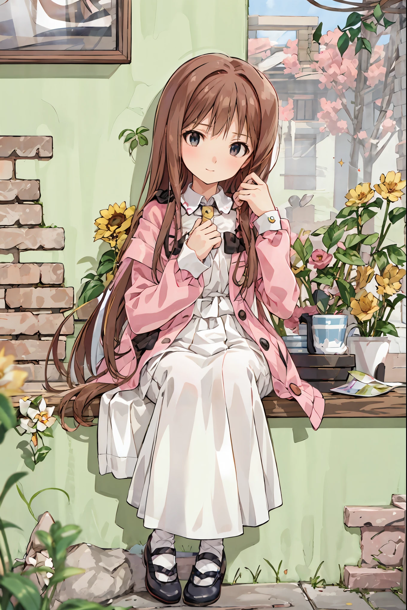 beautiful illustrations, top quality, cute girl, krbwx, full body, Hippeastrum, Game, ranunculus , Hair, shortcuts, unkempt hair,Short braided hair,Neat, slender beautiful woman, correct posture,Small chest, beautiful legs, has enchanting gray-blue eyes that shine like stars, droopy eyes , vibrant colors, beautiful eyes,A delicate smile,Textured Skin, Best Quality at its Best , gentle and beautiful woman , anime style、