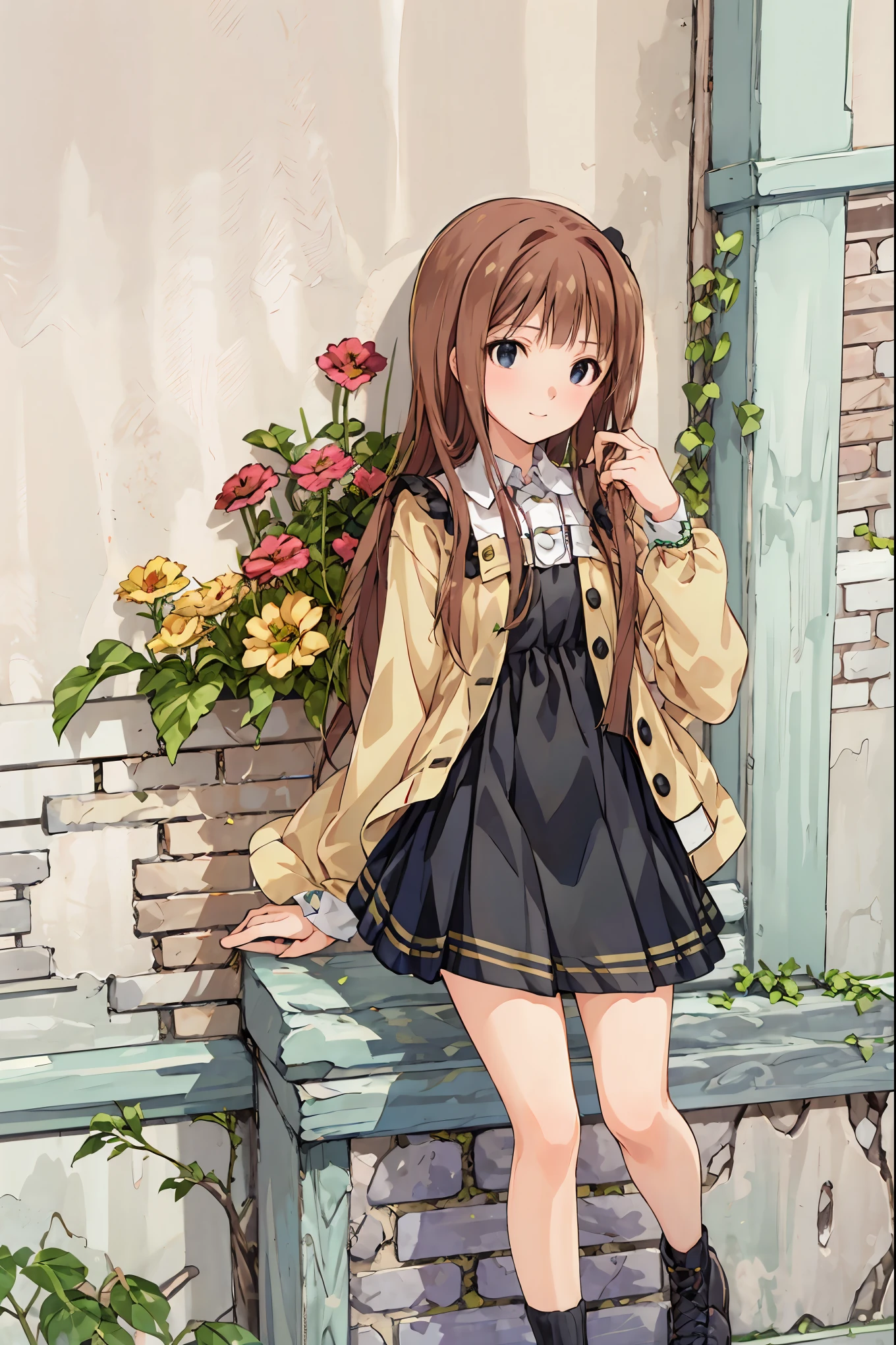beautiful illustrations, top quality, cute girl, krbwx, full body, Hippeastrum, Game, ranunculus , Hair, shortcuts, unkempt hair,Short braided hair,Neat, slender beautiful woman, correct posture,Small chest, beautiful legs, has enchanting gray-blue eyes that shine like stars, droopy eyes , vibrant colors, beautiful eyes,A delicate smile,Textured Skin, Best Quality at its Best , gentle and beautiful woman , anime style、