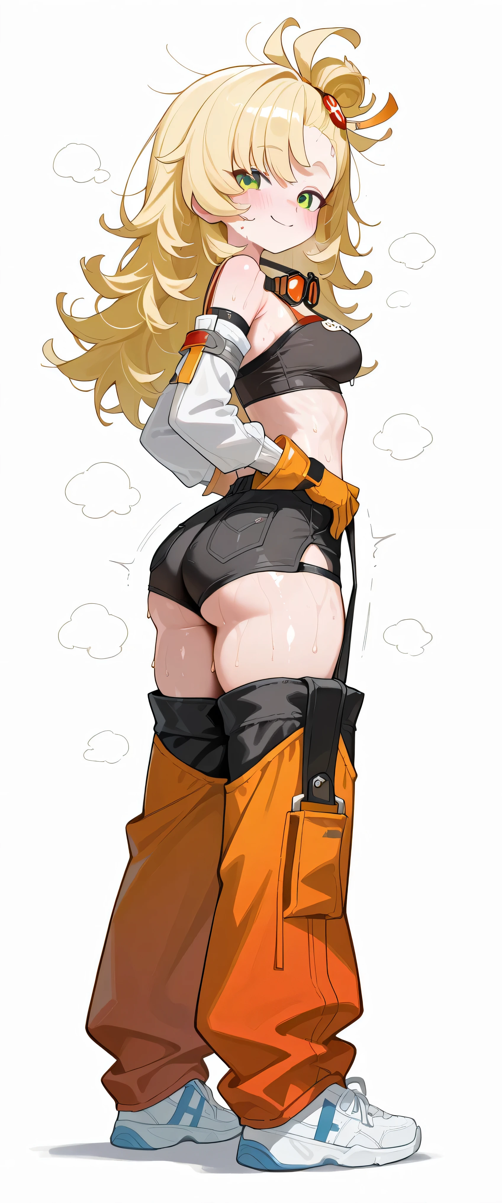 1girl, long hair, messy hair, blonde hair, green eyes, looking at viewer, hot, steaming, steaming body, sweat, sweating, sweaty, sweaty body, wet, wet body, dripping, dripping sweat, blushing, happy, closed mouth, smile, topknot, hair ornament, white detached sleeves, orange gloves, black tube top, Goggles Around Neck, (((black shorts with pockets))), orange chaps with straps, Detached Leggings, strap, sneakers, (((white background))), standing, dynamic pose, hands on hips, medium breasts, skinny waist, slim waist, (((round butt))), wide hips, masterpiece, best quality, amazing quality, very aesthetic, absurdres, highres, newest, view from side