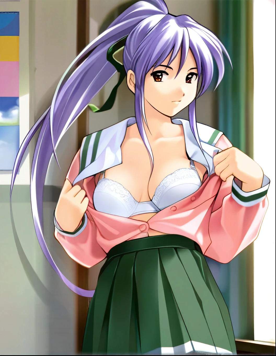 takabe,masterpiece,best quality,good quality,1girl,solo,school uniform,pink serafuku,green skirt,ownroom,cowboy_shot,looking_back,looking_at_viewer,standing,undressing,collarbonea,partially_unbuttoned,white bra,