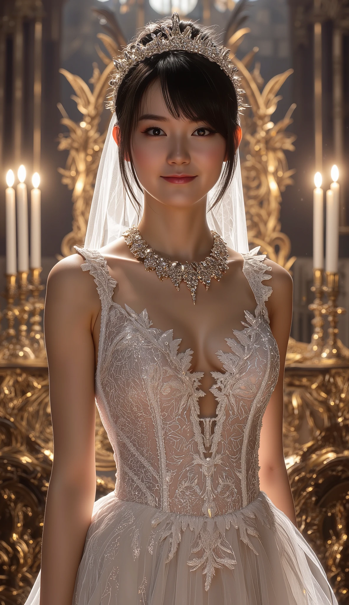 (((best quality))),(((ultra detailed))),(((masterpiece))),illustration,a girl,slim,bun,alluring,sexy,charming,smile,crystal necklace,white lace wedding dress, big breasts, hourglass figure, Set the scenario in a luxury church full of gold details, night scene, the place is enlighted by candles, keep the exact face and hair details of the selected LoRA, keep the LoRA iconic hairstyle, find the best camera angle to take the photo, realistic skin, photorealism, photorealistic, find the best pose to take the photo, keep the same hairstyle she used in babymetal