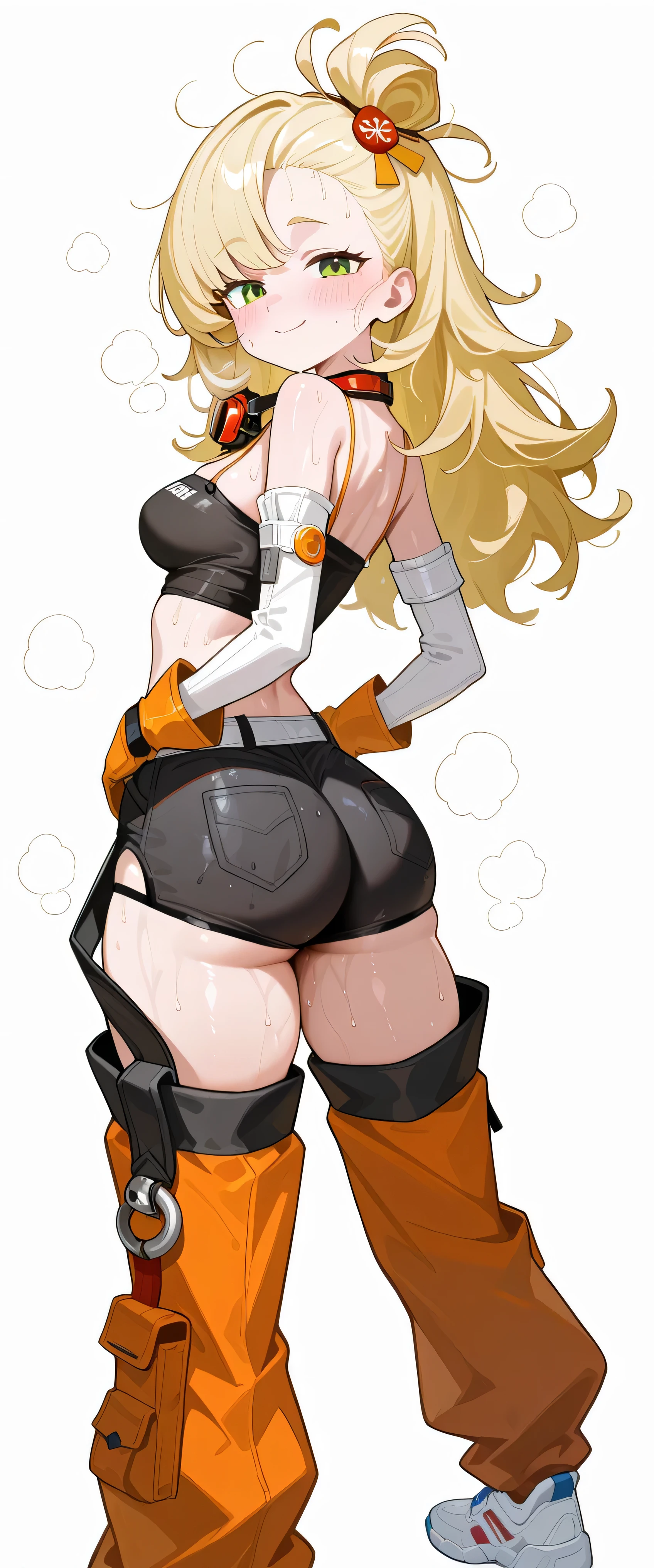 1girl, long hair, messy hair, blonde hair, green eyes, looking at viewer, hot, steaming, steaming body, sweat, sweating, sweaty, sweaty body, wet, wet body, dripping, dripping sweat, blushing, happy, closed mouth, smile, topknot, hair ornament, white detached sleeves, orange gloves, black tube top, Goggles Around Neck, (((black shorts with pockets))), orange chaps with straps, Detached Leggings, strap, sneakers, (((white background))), standing, dynamic pose, hands on hips, medium breasts, skinny waist, slim waist, (((round butt))), wide hips, masterpiece, best quality, amazing quality, very aesthetic, absurdres, highres, newest, view from side