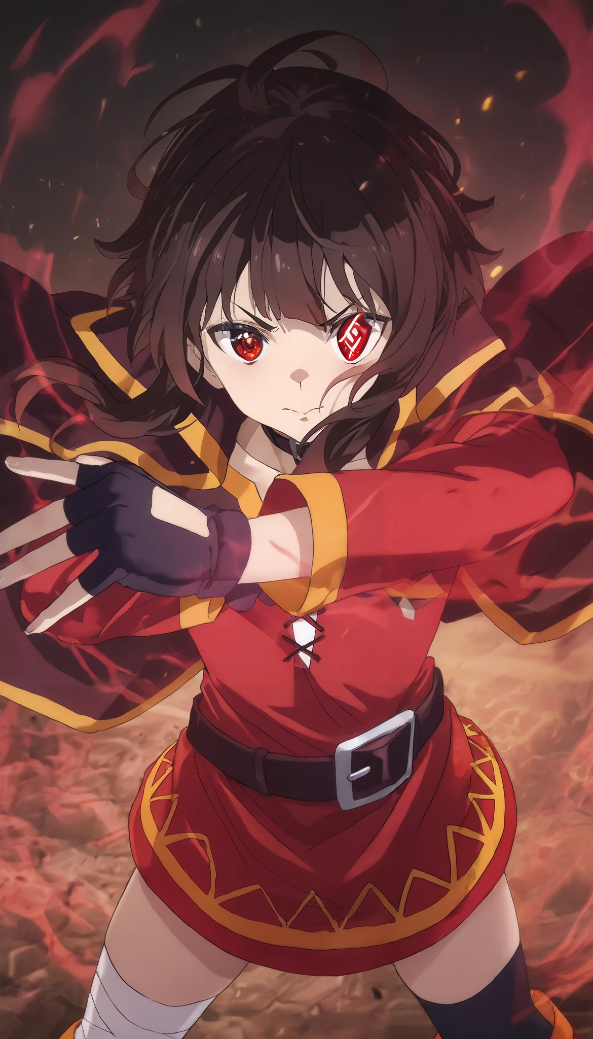 Konosuba ,( megumin), bright red eyes ,(Rare of eye aura), dynamic pose,epicity