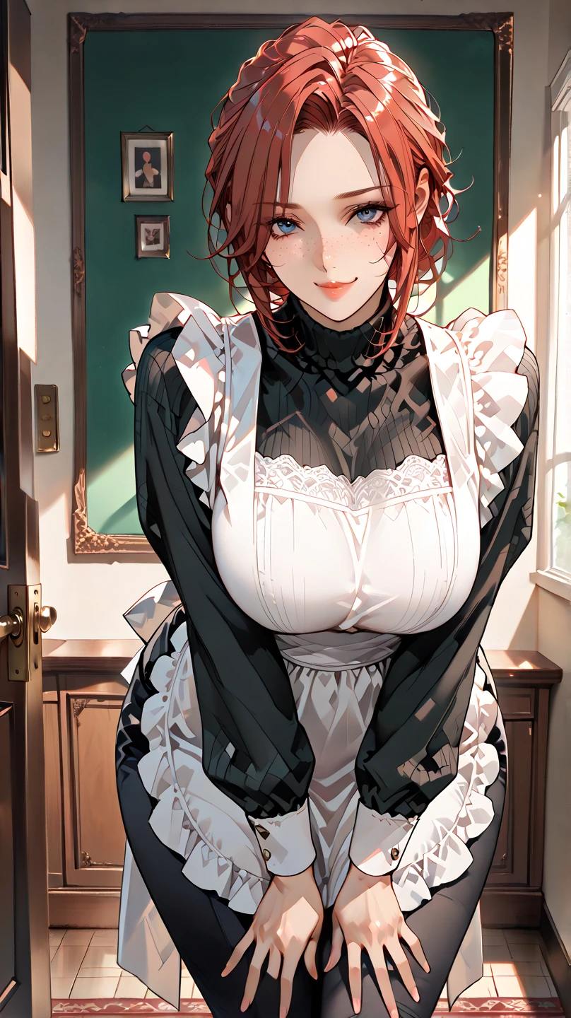 Beautiful woman, peach skin, ((masterpiece)), red hair in a bun, wearing black corset and black short skirt, tight, massive breasts, hourglass body, very wide hips, big thighs, pantyhose, maid costume 