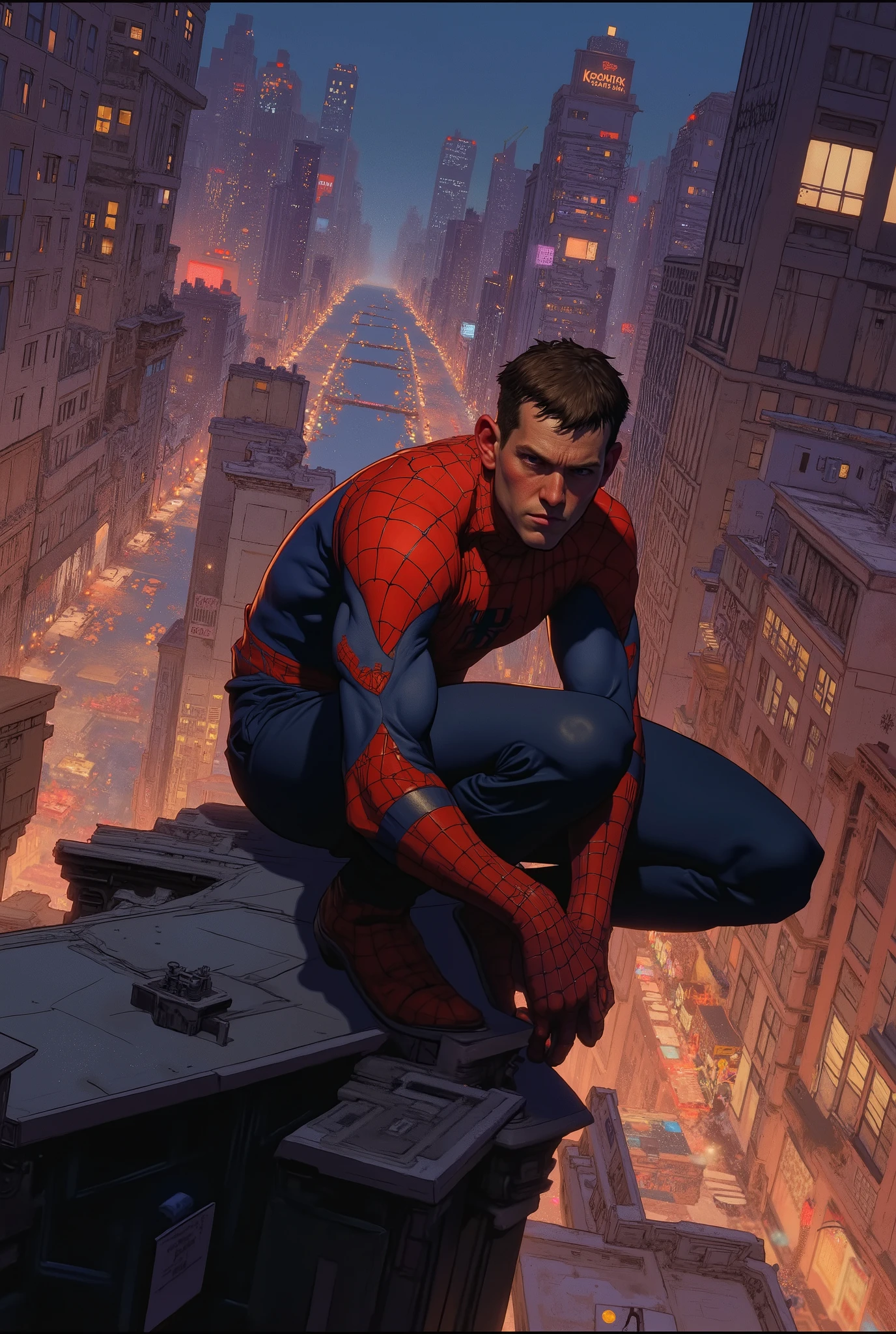 ((spiderman))
An agile young man wearing a red and blue suit with a printed web. he's standing, on top of a building . In the background, a bustling city with nightlights