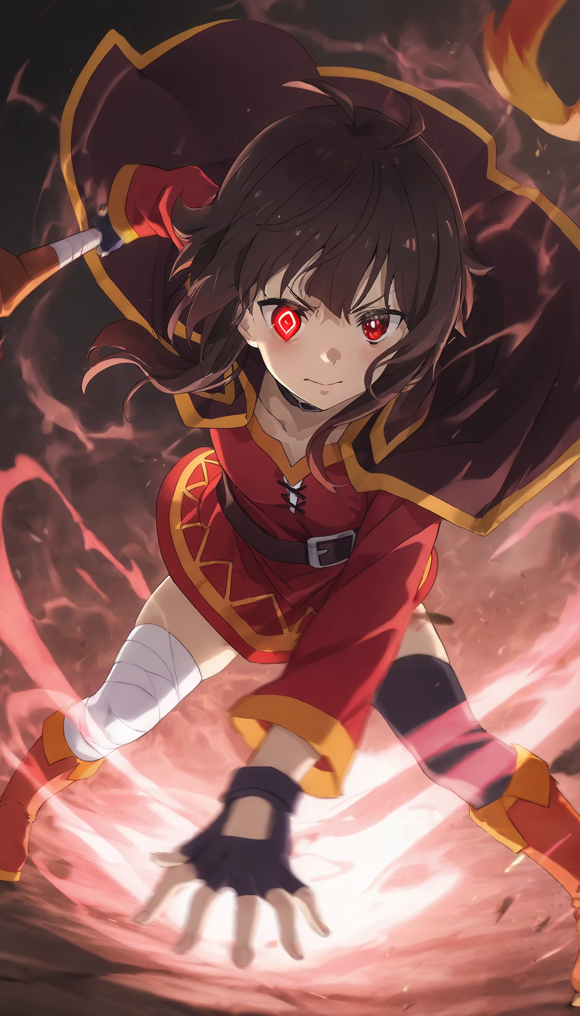 Konosuba ,( megumin), bright red eyes ,(Rare of eye aura), motion blur ,, dynamic pose,epicity