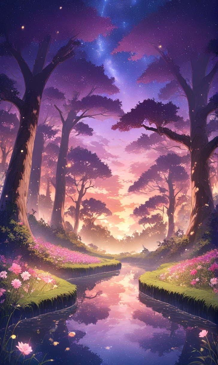 /imagine prompt: Viral anime nature wallpaper in 4K quality, in the style of digital illustration inspired by Hayao Miyazaki, featuring a serene forest with towering ancient trees, dappled sunlight filtering through the leaves, a gentle stream flowing through the scene, and mystical creatures peeking the foliage; vibrant and warm color temperature, cosmos lighting with stars twinkling in the sky, no human characters, the atmosphere is tranquil and enchanting --v 5 --stylize 1000