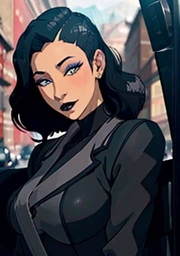A closeup of a woman and some other poses, concept art, character content art,1girl, highres, sharp focus, pixiv masterpiece, ((intricate details)), highly detailed,highly detailed exquisite fanart, commission for high resolution, gothic makeup,snake eyes,snake eyes, blue eyes, pale skin, fair skin, short black hair, dark hair, short hair, cyberpunk hair, muscular!,abdomen, pointy ear, vampire, costume: mercenary outfit, long coat, Underworld style clothing, neckline, revealing neckline, joy ride style, ilya kuvshinov,Anime Moe Artstyle, Female anime character, Anime character,