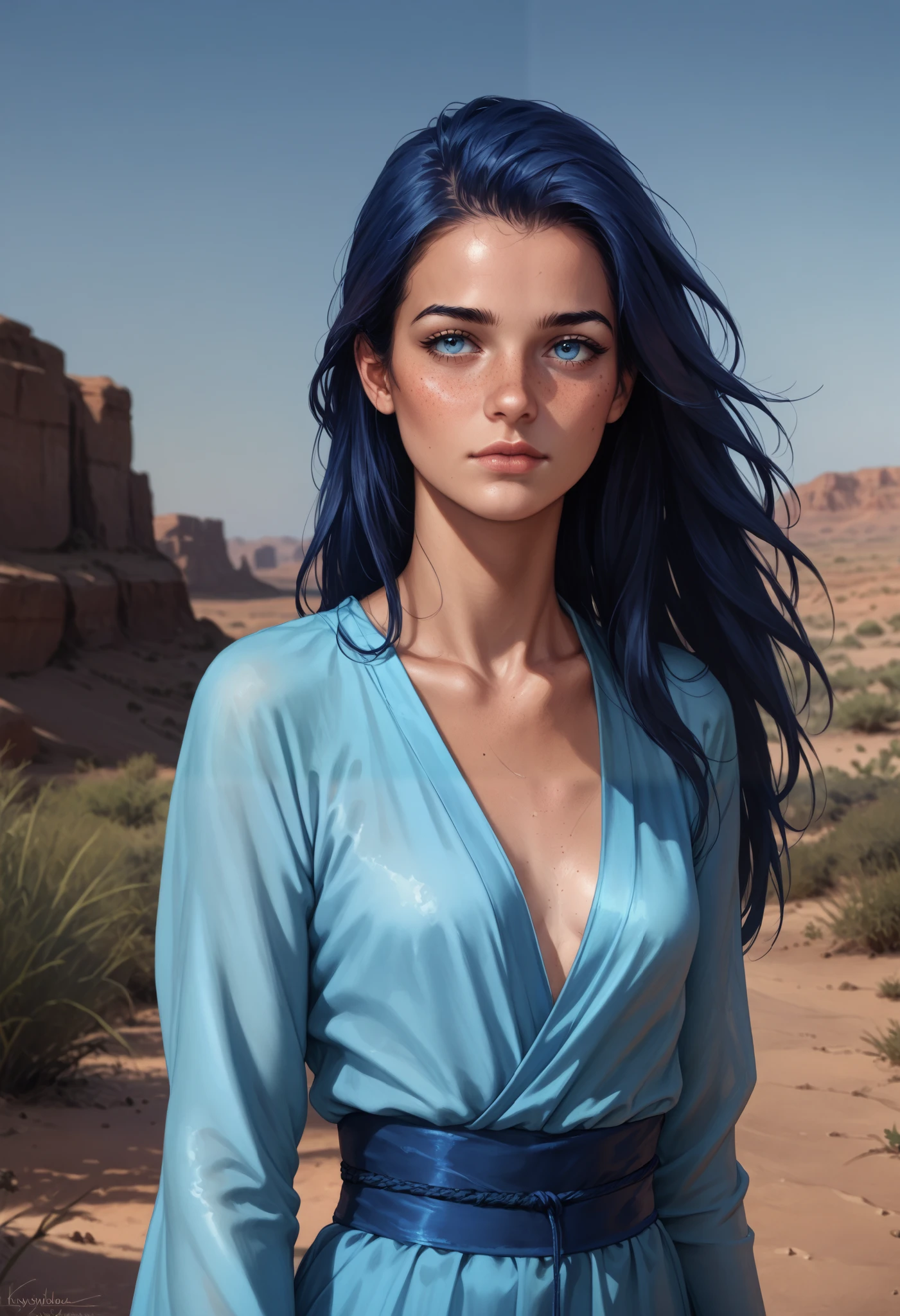 score_9, score_8_up, score_7_up, score_6_up, ultra-detailed, (best quality:1.1), half body shot, transitioning to a desert landscape at sunset, alone figure walking, a beautiful very young teen girl emerges wearing beautiful nomadic clothes, very pale skin, a few very light freckles, skinny runners body, very small breasts, very detailed face, ultra realistic face, very beautiful thin face, clean face, exhausted face, young looking, very young, juvenile face, unconventional accessories, 16K, ultra high photorealistic, UHD, RAW, 1girl, long_hair, blue_eyes, blue_hair, Krysd3cker