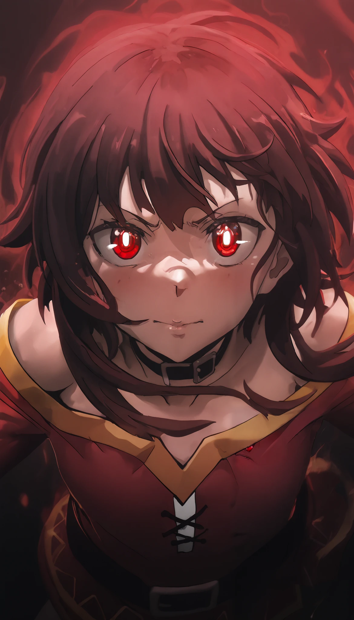 Konosuba ,( megumin),HIGH CONTRAST, dramatic lighting , melancholic atmosphere , erotic, sensual, Explícita, suggestive, beautiful detailed eyes , dynamic composition ,( red eyes on the background),( bright red eyes ),((Rare of eye aura)), motion blur , dynamic pose,epicity