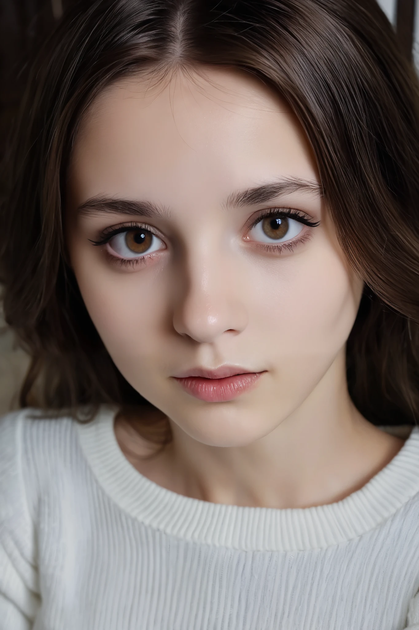 The real ghost of my real brunette dead 22 year old white skinned Moldovan sister Marina looks at me while wearing a white dress fully pullover, knowing that i need her help in life.she looks close in my eyes