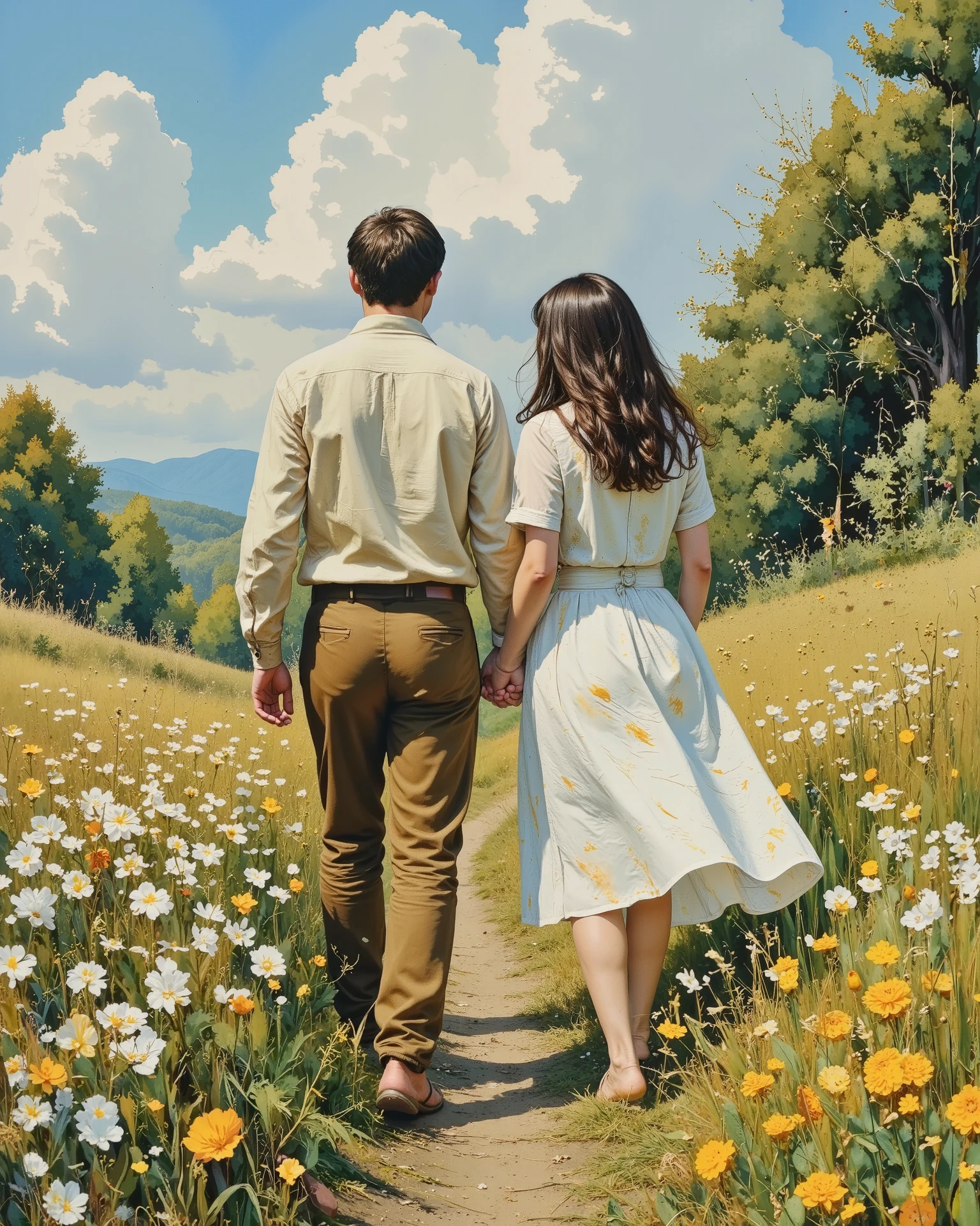 "Create a serene and dreamy scene of a couple walking through a vibrant meadow filled with tall grass and blooming white and yellow wildflowers under a bright, clear blue sky dotted with fluffy white clouds. The couple is seen from the back, gently strolling side by side. The man wears a casual beige long-sleeved shirt with brown pants, while the woman wears a flowing, light-colored dress with short sleeves. Her long hair flows naturally in the gentle breeze. The field extends to the horizon, blending into a picturesque landscape of trees and open skies. The lighting is soft and natural, emphasizing a peaceful, romantic atmosphere."