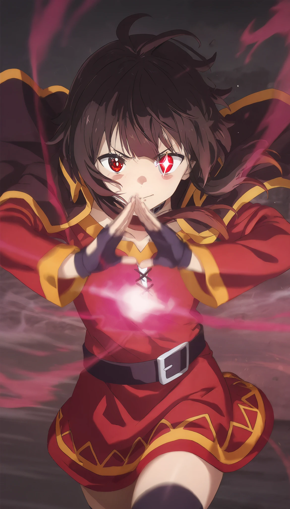 Konosuba ,( megumin), bright red eyes ,(Rare of eye aura), motion blur ,, dynamic pose,epicity ,magic