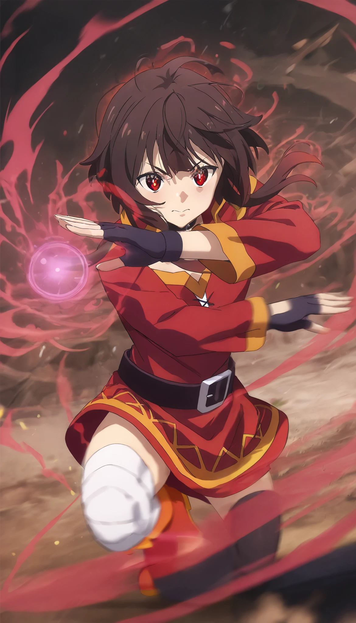 Konosuba ,( megumin), bright red eyes ,(Rare of eye aura), motion blur ,, dynamic pose,epicity ,magic