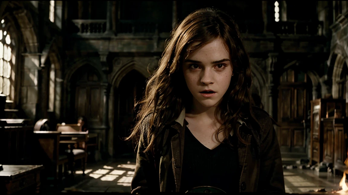 Cinematic action shot of Emma Watson as Hermione Granger, 16yo, transformed into the ultimate badass, killing a zombie inside Hogwarts.