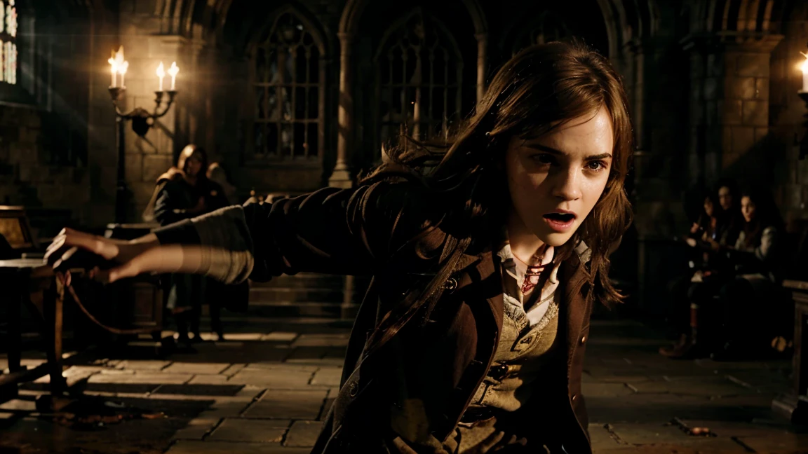 Cinematic action shot of Emma Watson as Hermione Granger, 16yo, transformed into the ultimate badass, killing a zombie inside Hogwarts.