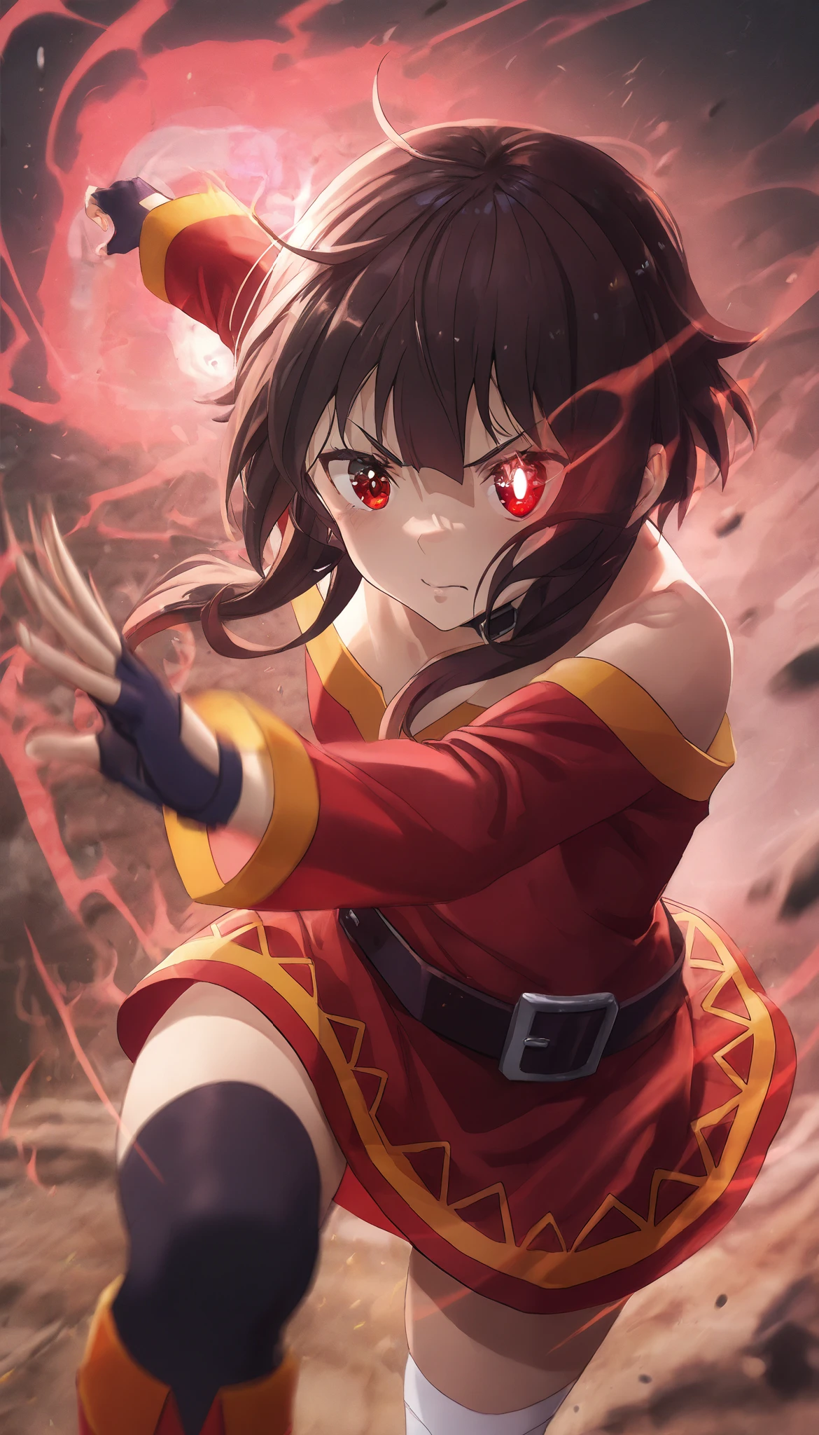 Konosuba ,( megumin), bright red eyes ,(Rare of eye aura), motion blur ,, dynamic pose,epicity ,magic