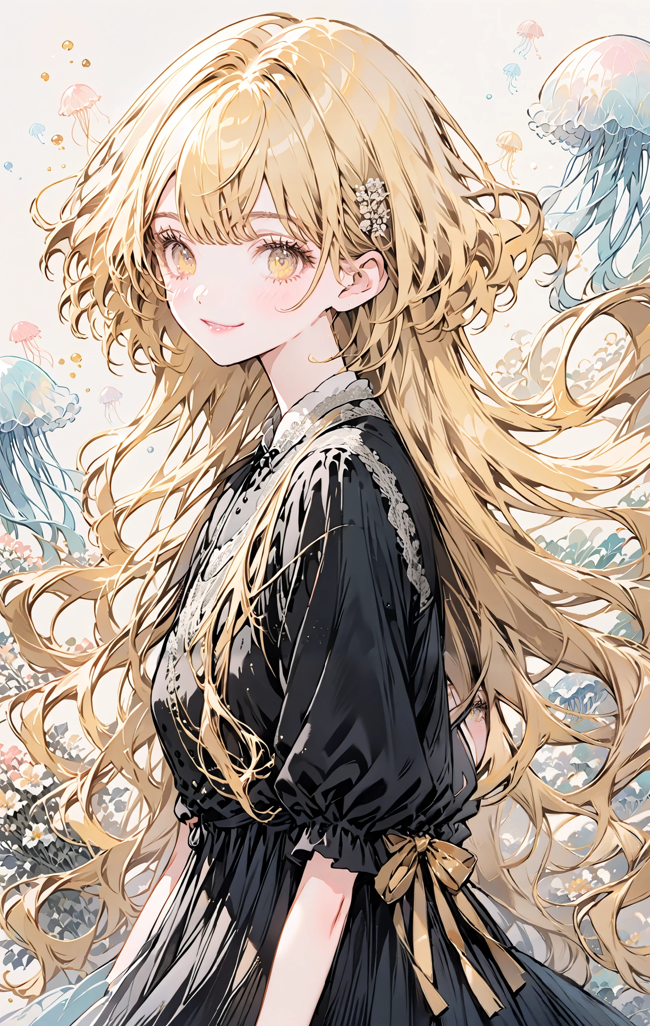pastel colors, lineart, jaggy lines, 1woman , portrait, best quality, masterpiece, oldest, pretty clothes , blonde hair , pretty golden eyes, pretty black dress, smiling , perfect clothes , cute details, hand drawn look, pretty , long hair, interesting hairstyle, hairstyle interesting, unique hair style , better dress, lace, jellyfish, gold theme
