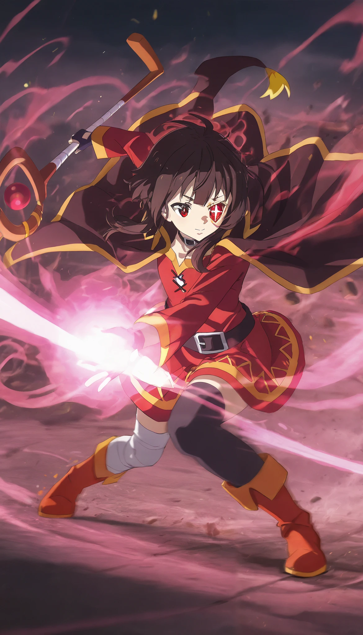 Konosuba ,( megumin), bright red eyes ,(Rare of eye aura), motion blur ,, dynamic pose,epicity ,magic,cane