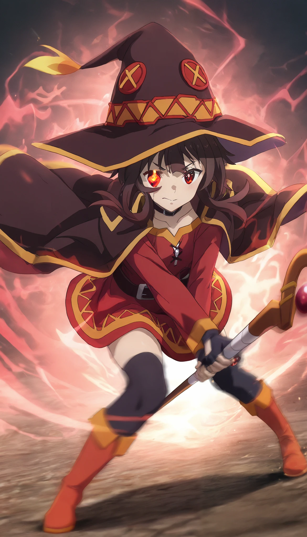 Konosuba ,( megumin), bright red eyes ,(Rare of eye aura), motion blur ,, dynamic pose,epicity ,magic,cane